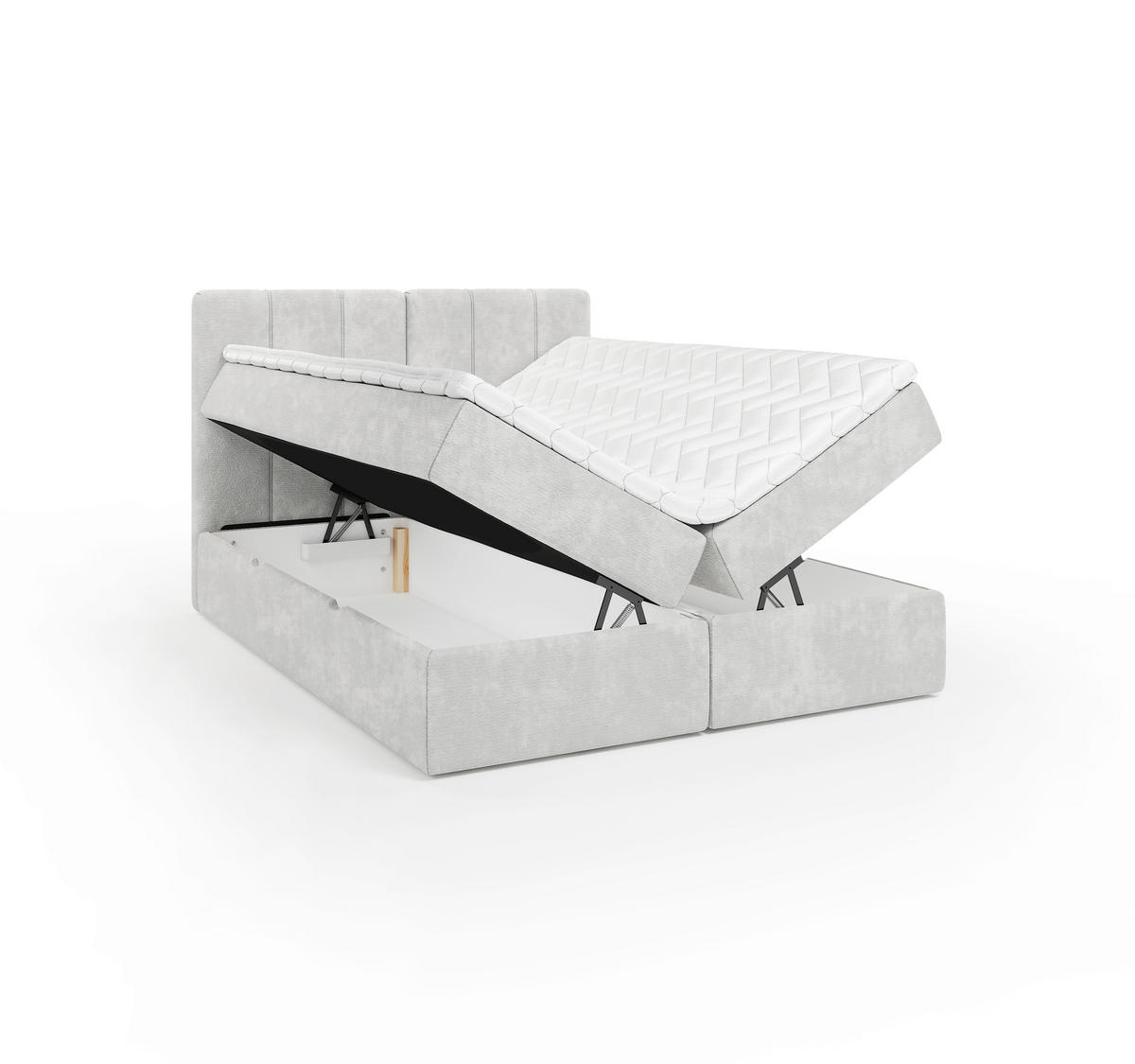 BOXBETT 160/200 cm,  in Hellgrau, gepolstertes Kopfteil, Bettkasten, Topper, Matratze, H3 = fest  - Hellgrau/Schwarz, Design, Holzwerkstoff/Kunststoff (160/200cm) - Esposa
