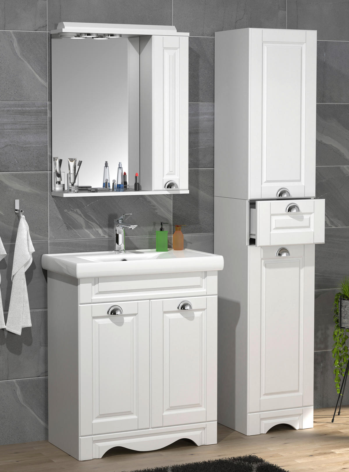 BADEZIMMER 4-teilig  in 96 cm  - Silberfarben/Weiß, MODERN, Glas/Keramik (96cm) - MID.YOU