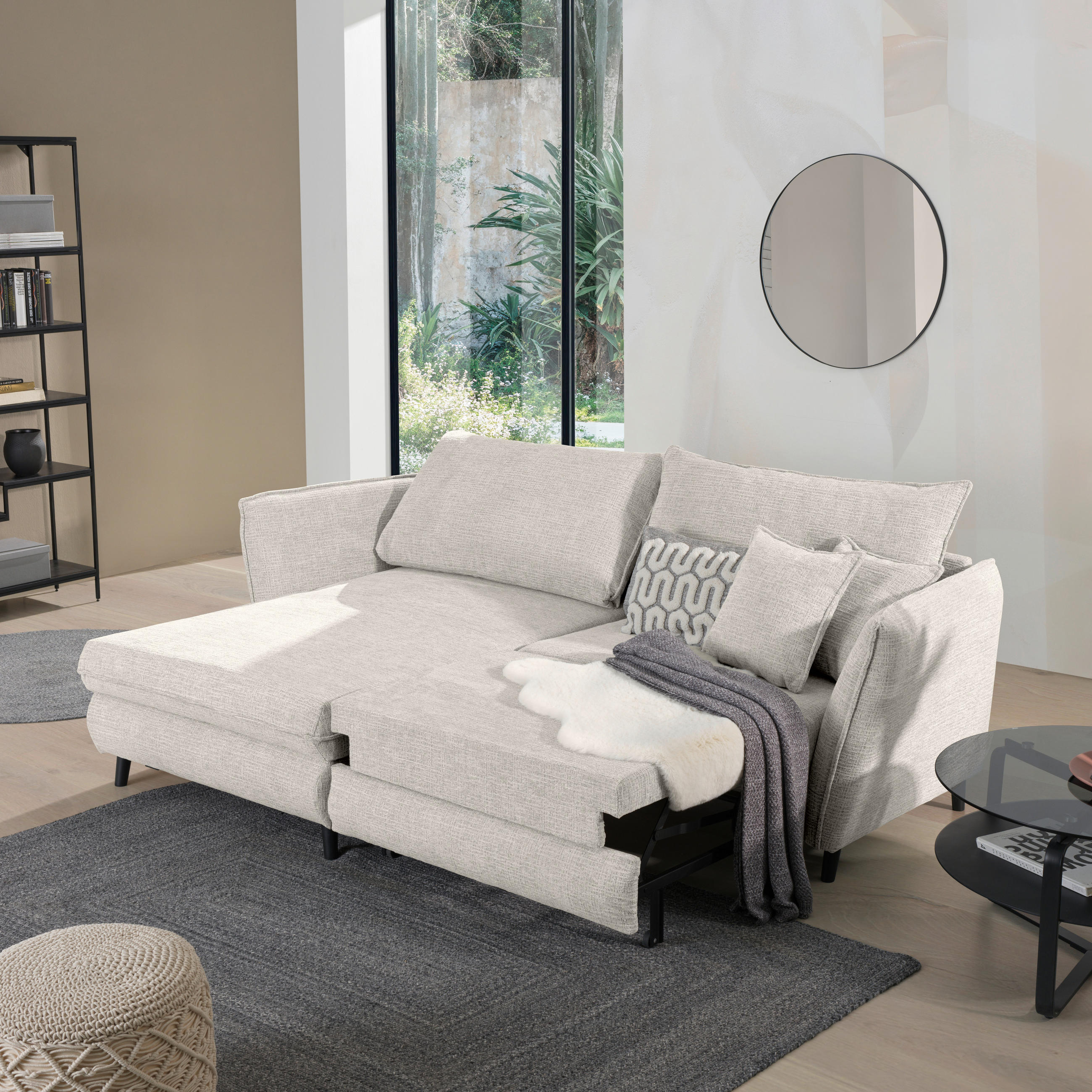 ECKSOFA inkl. Funktionen Creme Struktur  - Creme/Schwarz, Design, Holz/Textil (245/161cm) - Stylife