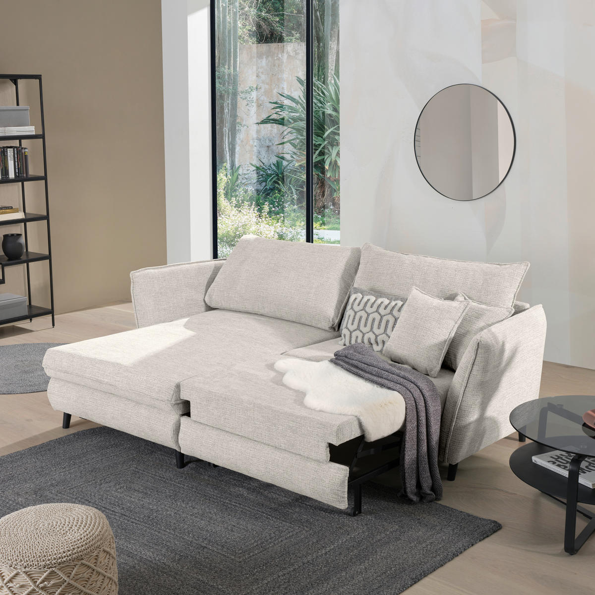 ECKSOFA inkl. Funktionen in Struktur Creme  - Creme/Schwarz, Design, Holz/Textil (245/161cm) - Stylife