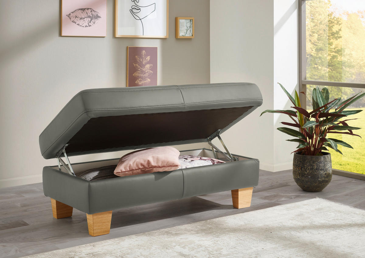 ECKSOFA in Echtleder Grau  - Eiche Bianco/Grau, Natur, Leder/Holz (257/235cm) - Valdera