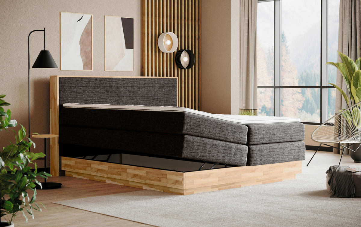 BOXSPRINGBETT 160/200 cm,  in Braun, Eichefarben, Matratze, gepolstertes Kopfteil, Bettkasten, Topper, H2 + H2 = mittel  - Eichefarben/Schwarz, MODERN, Holz/Kunststoff (160/200cm) - Livetastic