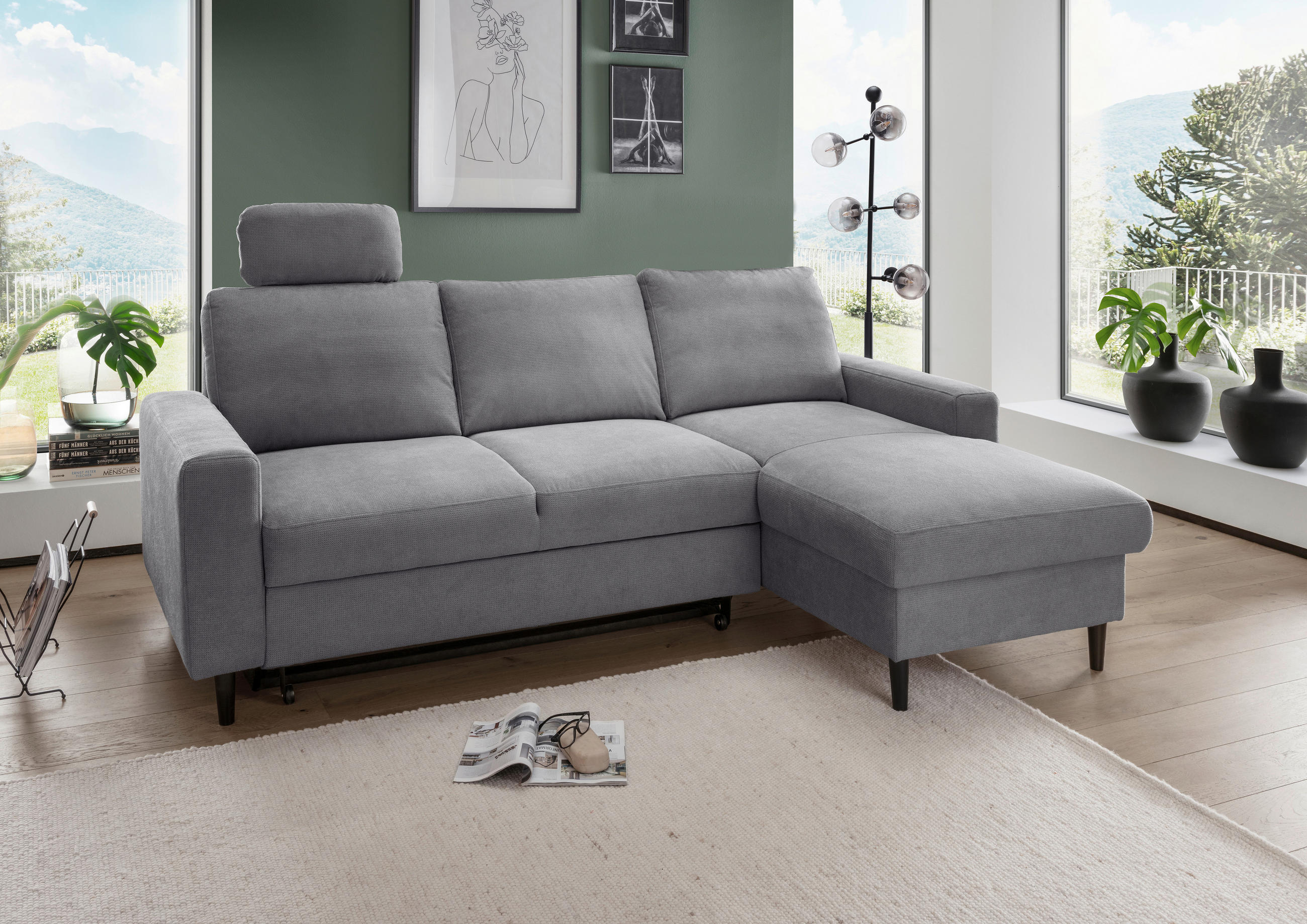 ECKSCHLAFSOFA in Chenille Dunkelgrau  - Dunkelgrau/Schwarz, MODERN, Holz/Textil (234/147cm) - Livetastic