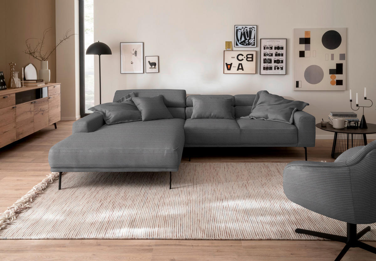 ECKSOFA Cord Dunkelgrau  - Dunkelgrau/Schwarz, Design, Textil/Metall (215-217/293cm) - Schöner Wohnen