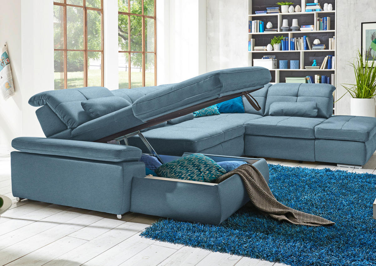 WOHNLANDSCHAFT Mikrofaser Hellblau  - Chromfarben/Hellblau, Design, Textil (195/371/260cm) - Beldomo Style