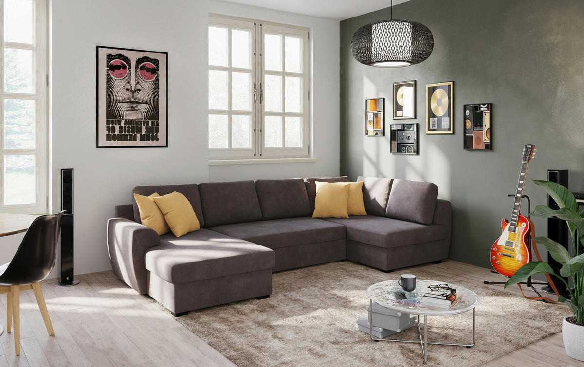 SJEDEĆA GARNITURA tekstil  smeđa   - smeđa/crna, Trend, tekstil/plastika (154/327/86cm) - MID.YOU