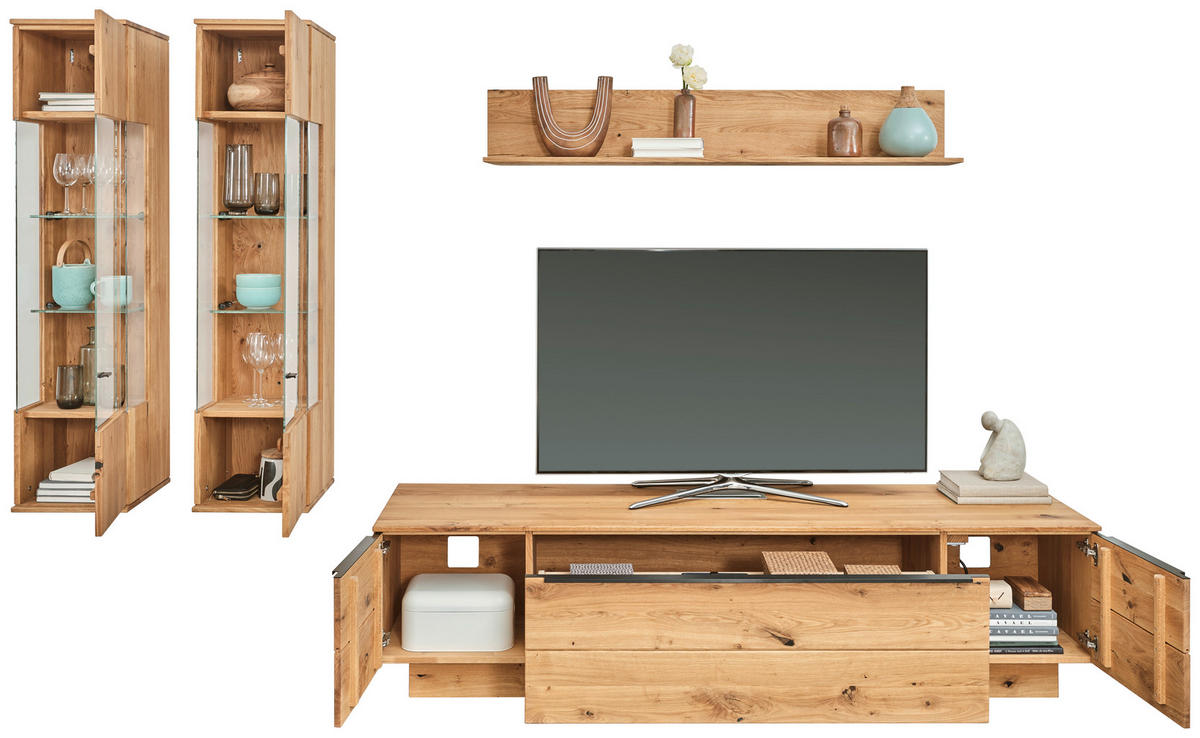 WOHNWAND  in Eichefarben  320/200,8/53,7 cm  - Eichefarben/Schwarz, Natur, Glas/Holz (320/200,8/53,7cm) - Valnatura