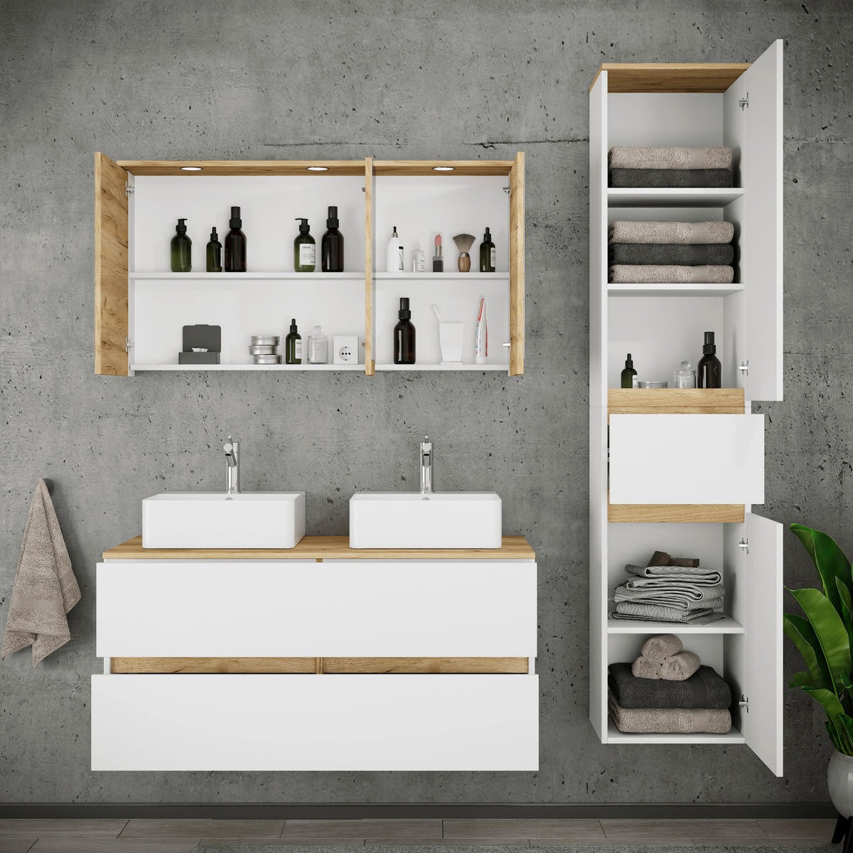 BADEZIMMER 5-teilig 151 cm  - Honigeiche/Weiss, Trend, Keramik/Holzwerkstoff (151cm) - MID.YOU