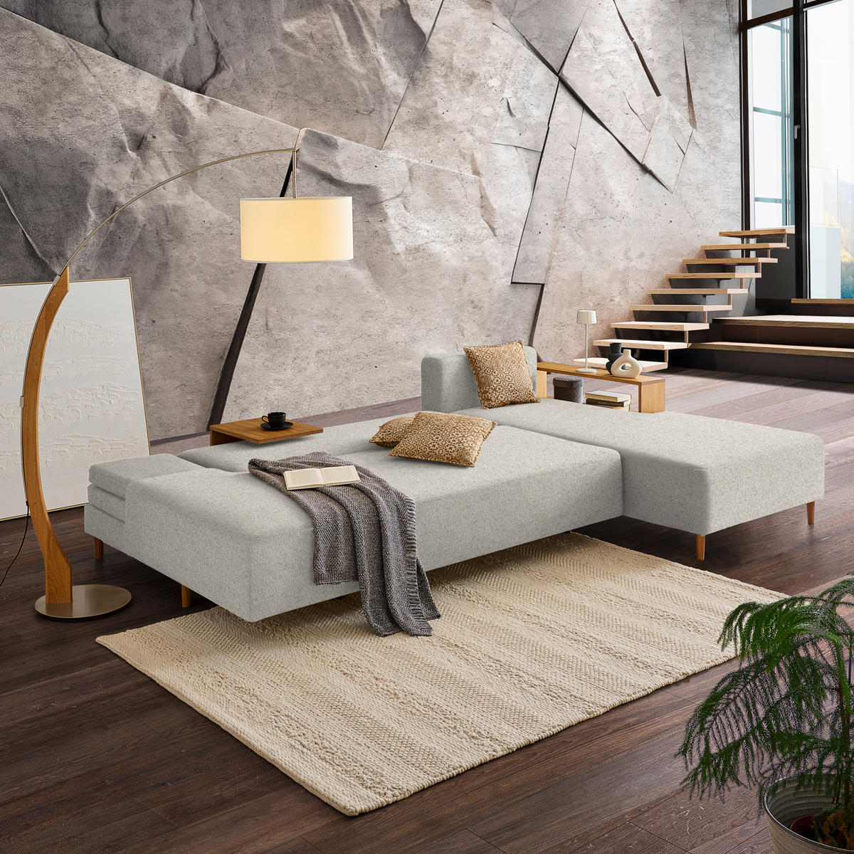 ECKSOFA in Flachgewebe Ecru  - Ecru/Eichefarben, Design, Holz/Textil (307/190cm) - Joka