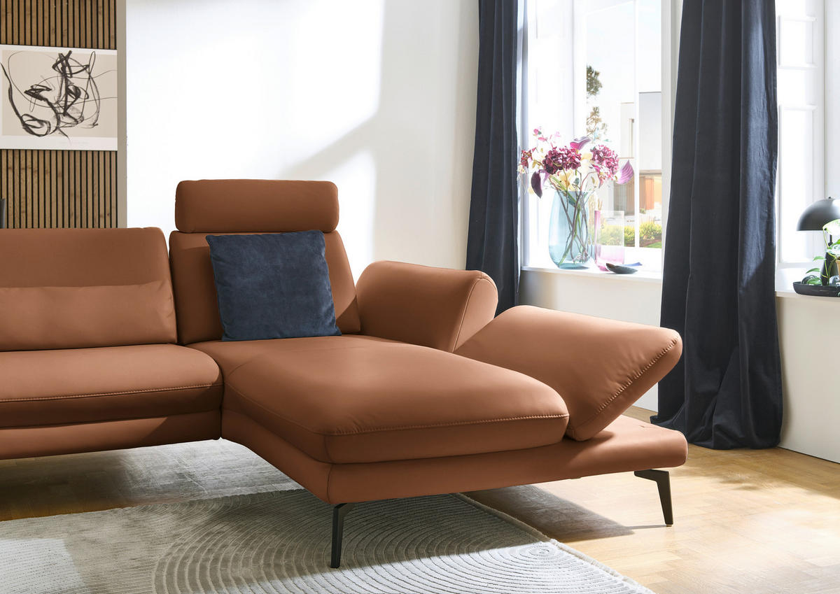 ECKSOFA in Echtleder Hellbraun  - Hellbraun/Schwarz, Design, Leder/Metall (308/195cm) - Dieter Knoll