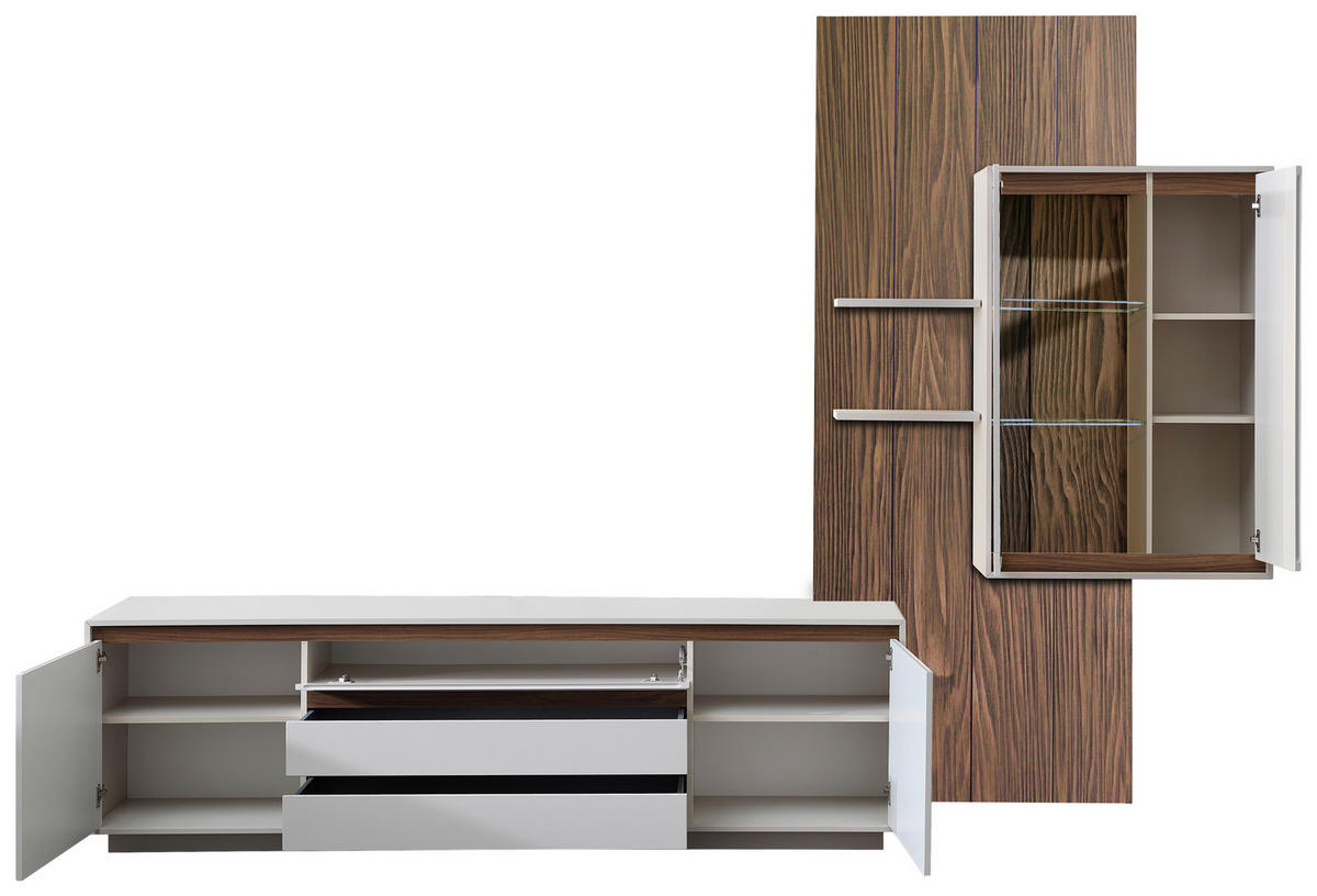 WOHNWAND  in Nussbaumfarben, Kaschmir  320/232/45 cm  - Kaschmir/Nussbaumfarben, Design, Glas/Holzwerkstoff (320/232/45cm) - Stylife