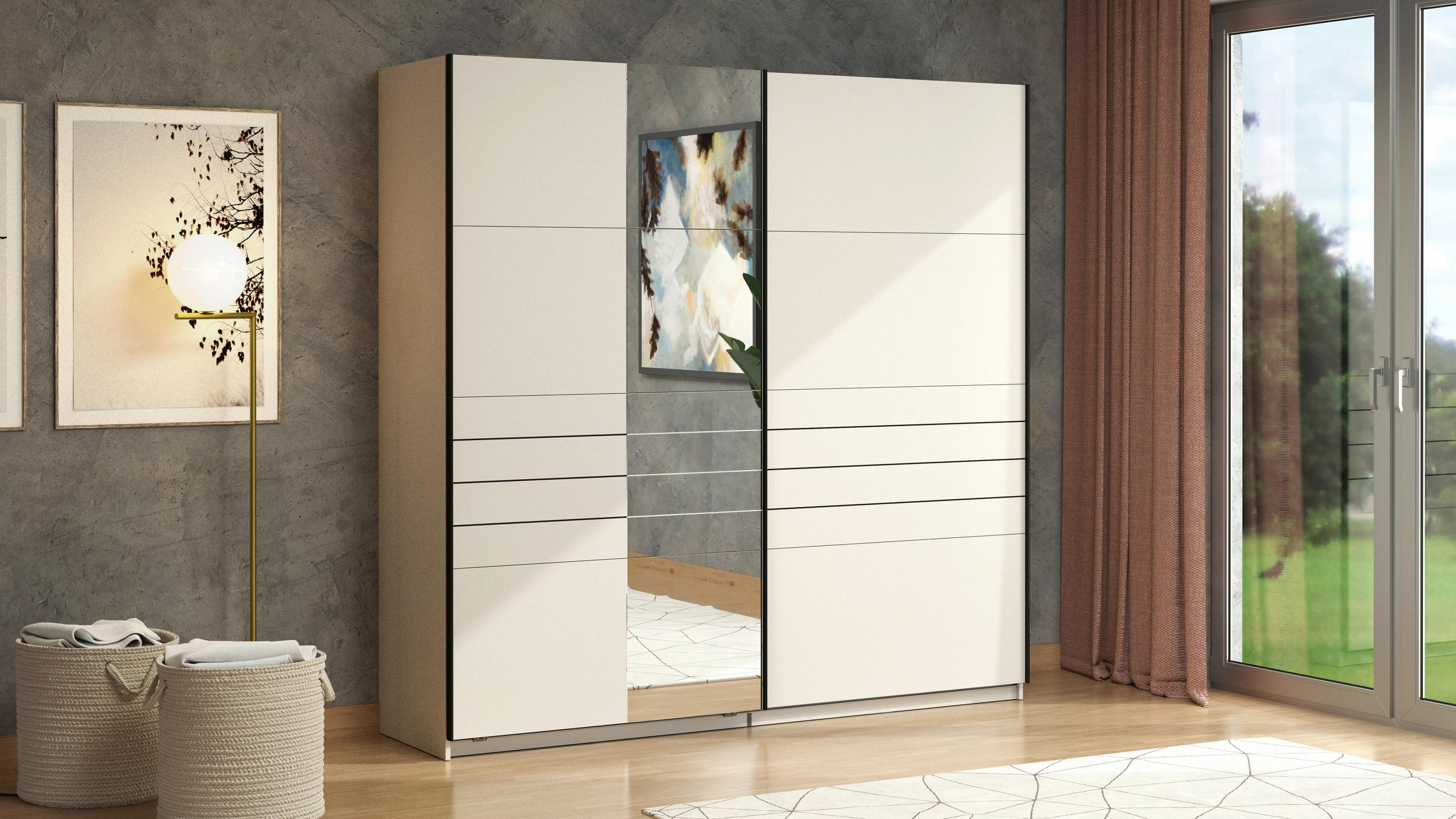 SKRIŇA S POS. DVER. – HOR.VED, kašmírová, 220/217,5/61 cm - čierna/kašmírová, Basics, kov/kompozitné drevo (220/217,5/61cm) - Xora