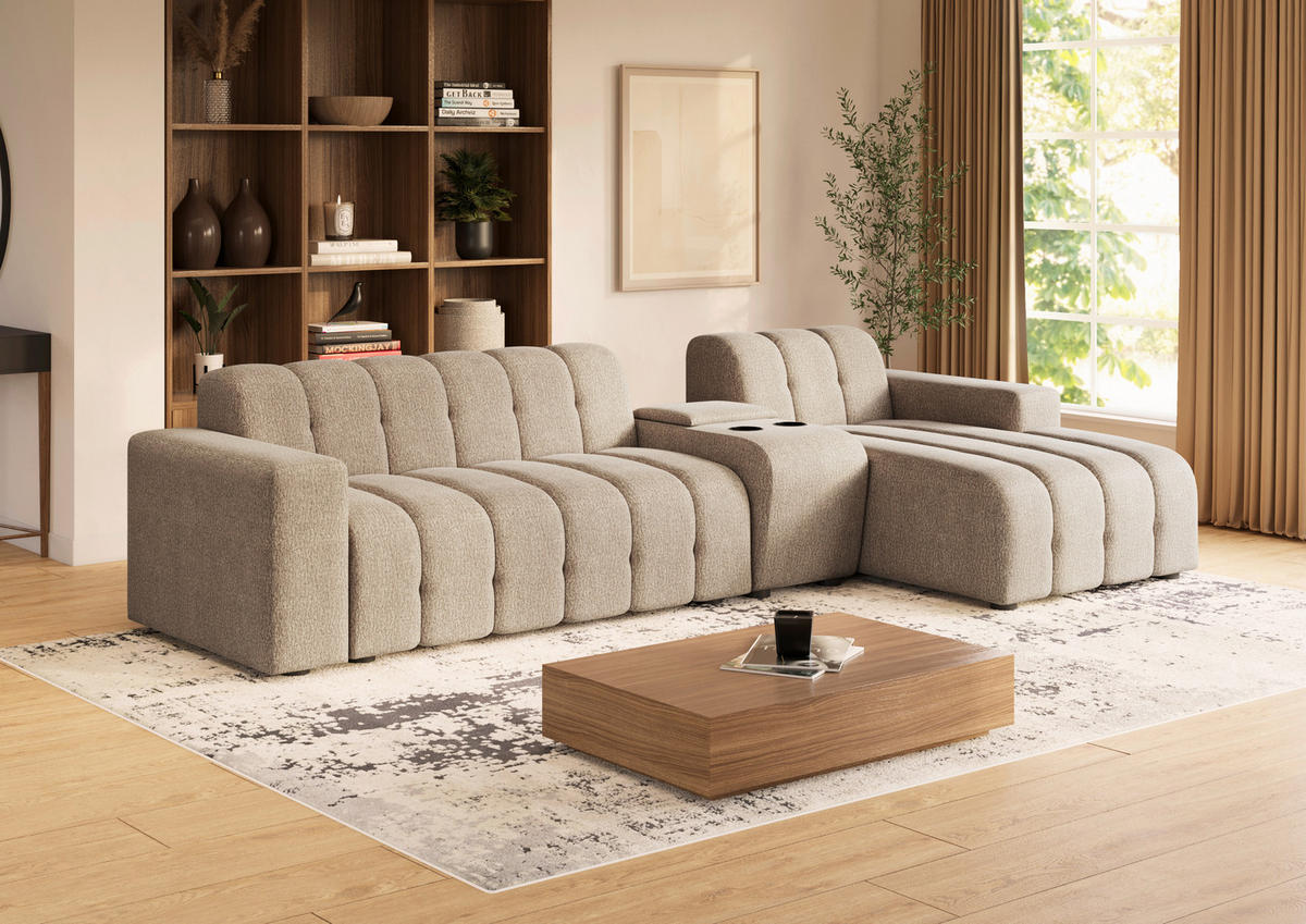 ECKSOFA Taupe Chenille Stauraum, Getränkehalter  - Taupe/Schwarz, MODERN, Kunststoff/Textil (299/150cm) - Milino