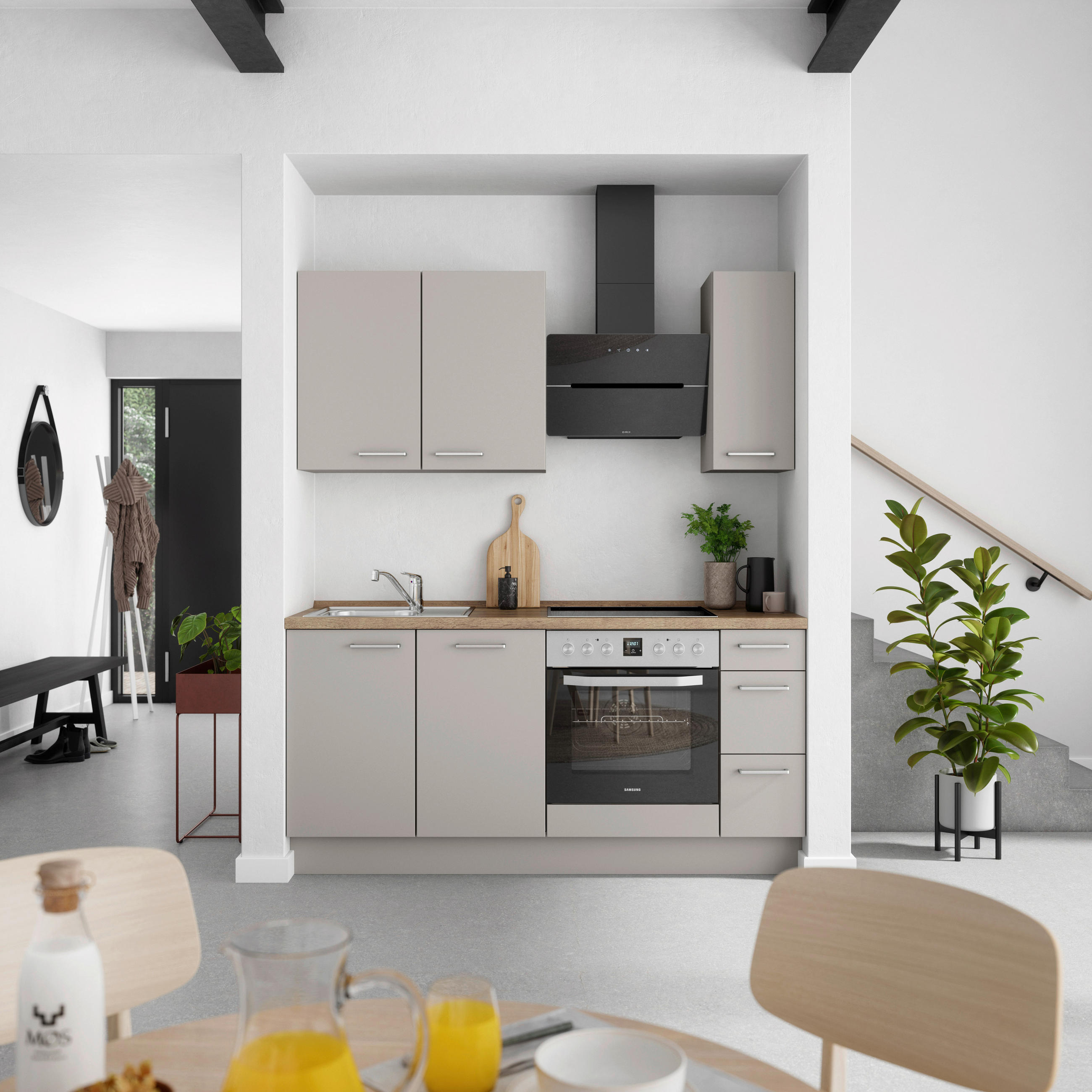 KÜCHENBLOCK 180 cm   in Grau, Eiche dunkel  - Eiche dunkel/Edelstahlfarben, MODERN, Holzwerkstoff/Metall (180cm) - Nobilia