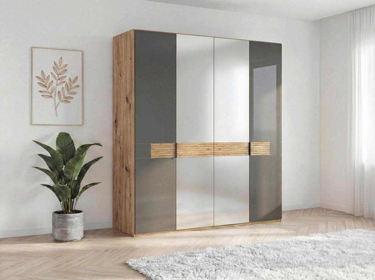 DREHTÜRENSCHRANK 200/216/58 cm,  in Braun, Eichefarben, 4 Tür(en)  - Schieferfarben/Eichefarben, Design, Glas/Holz (200/216/58cm) - Musterring