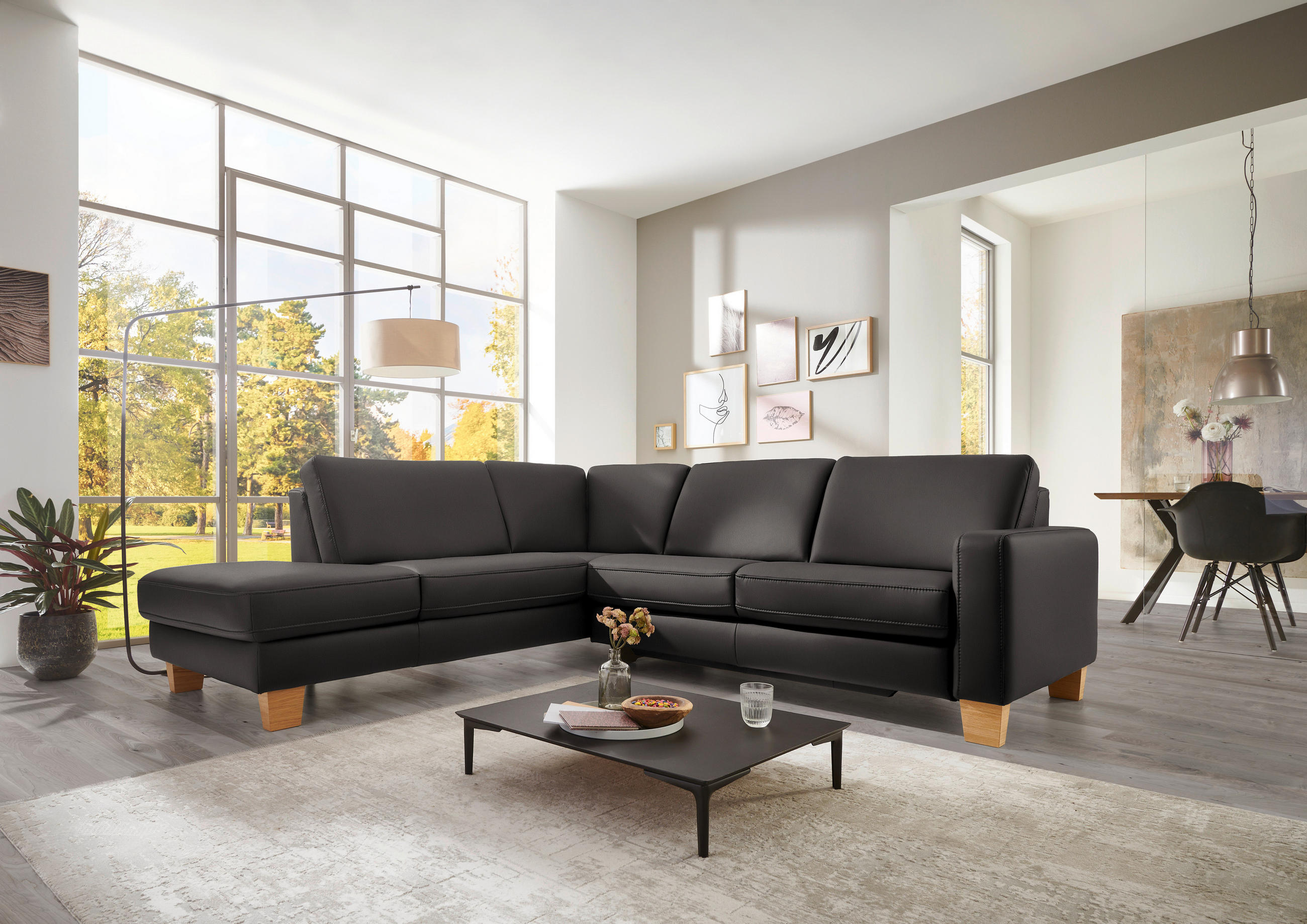 ECKSOFA in Echtleder Dunkelgrau  - Eiche Bianco/Dunkelgrau, Konventionell, Leder/Holz (235/257cm) - Valdera