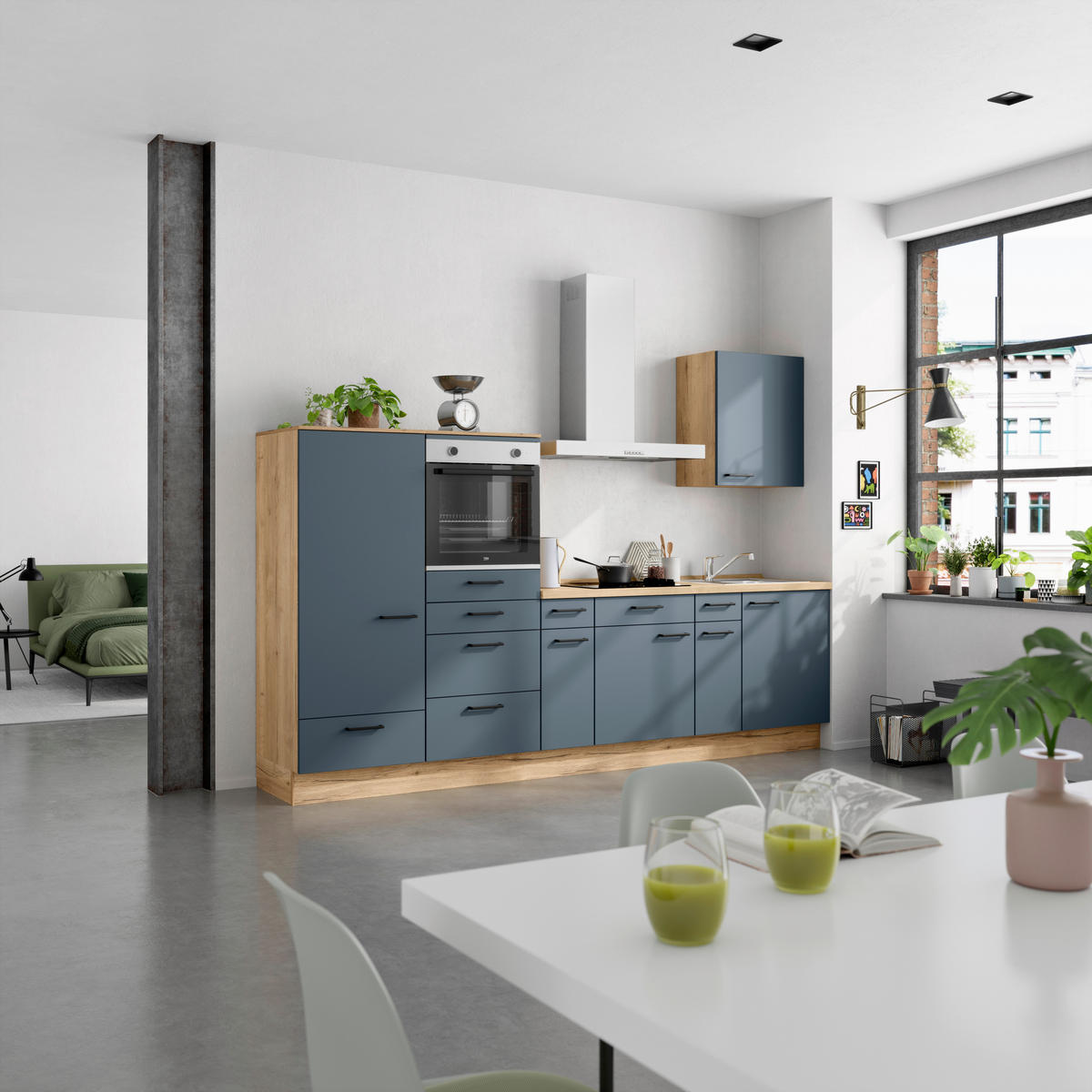 KÜCHENBLOCK Easytouch 300 cm  in Blau, Eichefarben  - Blau/Eichefarben, MODERN, Holzwerkstoff/Metall (300cm) - Nobilia
