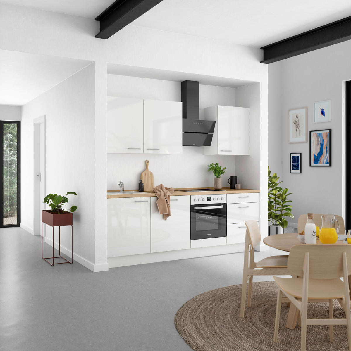 KÜCHENLEERBLOCK 240 cm   in Eichefarben, Weiß Hochglanz  - Edelstahlfarben/Eichefarben, MODERN, Holzwerkstoff/Metall (240cm) - Nobilia