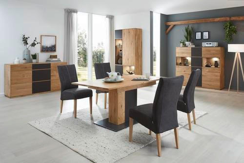 Thumbnail - Waldwelt Esstisch, Anthrazit, Eiche, Holz, Wildeiche, massiv, rechteckig, Säule, Bodenplatte, 90x75.4x160-200 cm, auszie...