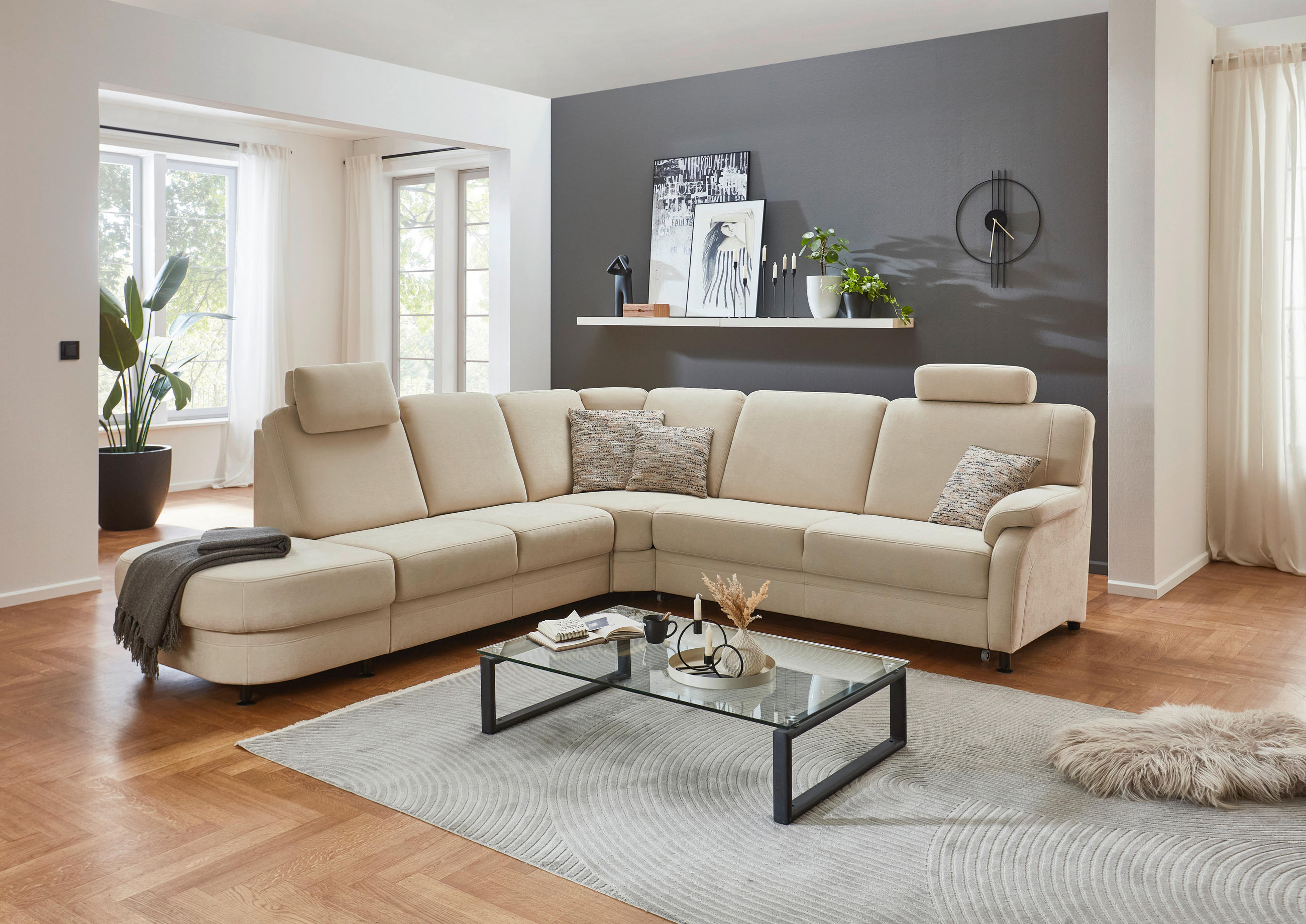 ECKSOFA in Flachgewebe Beige  - Beige/Schwarz, Konventionell, Textil/Metall (287/269cm) - Beldomo System