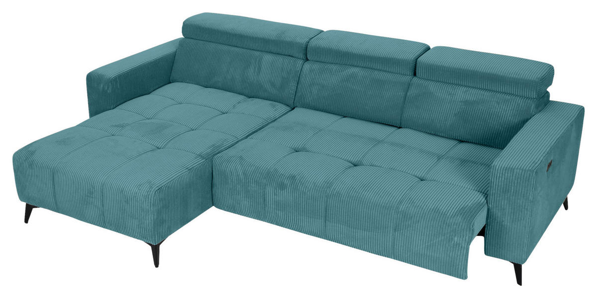 ECKSOFA Petrol Cord Rücken echt, Kopfteilverstellung, Sitzvorzug  - Petrol/Schwarz, KONVENTIONELL, Textil/Metall (170/257cm) - Carryhome