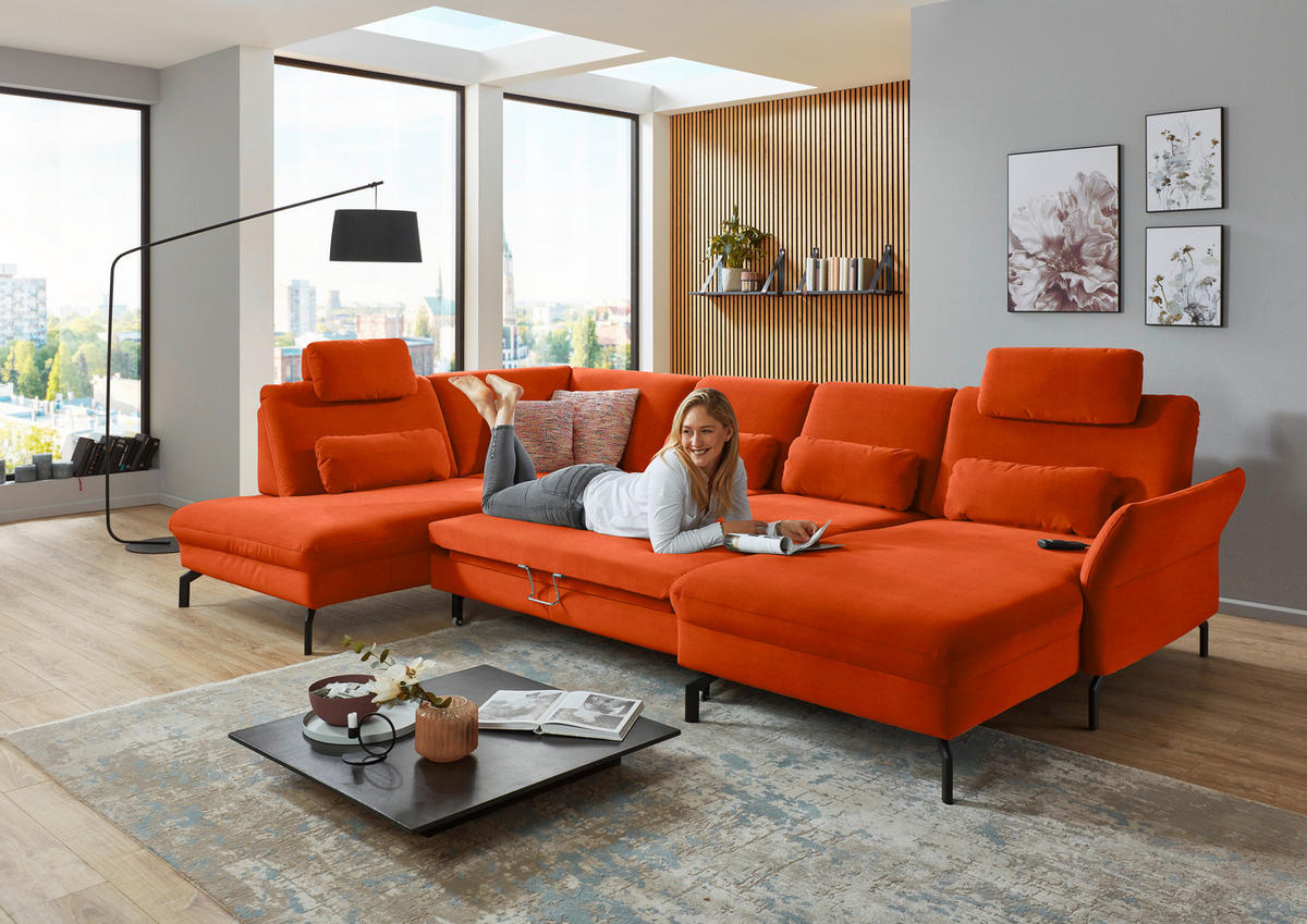 WOHNLANDSCHAFT in Velours Orange  - Schwarz/Orange, Design, Textil/Metall (220/335/179cm) - Beldomo System