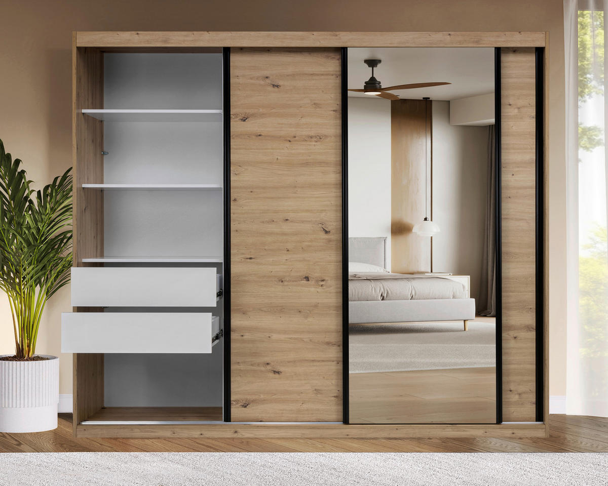 SCHIEBETÜRENSCHRANK 250/215/59,5 cm 3-türig  - Schwarz/Weiß, MODERN, Holzwerkstoff/Metall (250/215/59,5cm) - MID.YOU