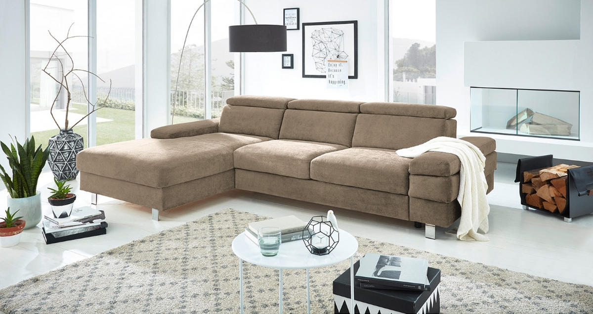 ECKSOFA in Webstoff Schlammfarben  - Schlammfarben/Silberfarben, KONVENTIONELL, Textil/Metall (260/82/182cm) - Trendmanufaktur
