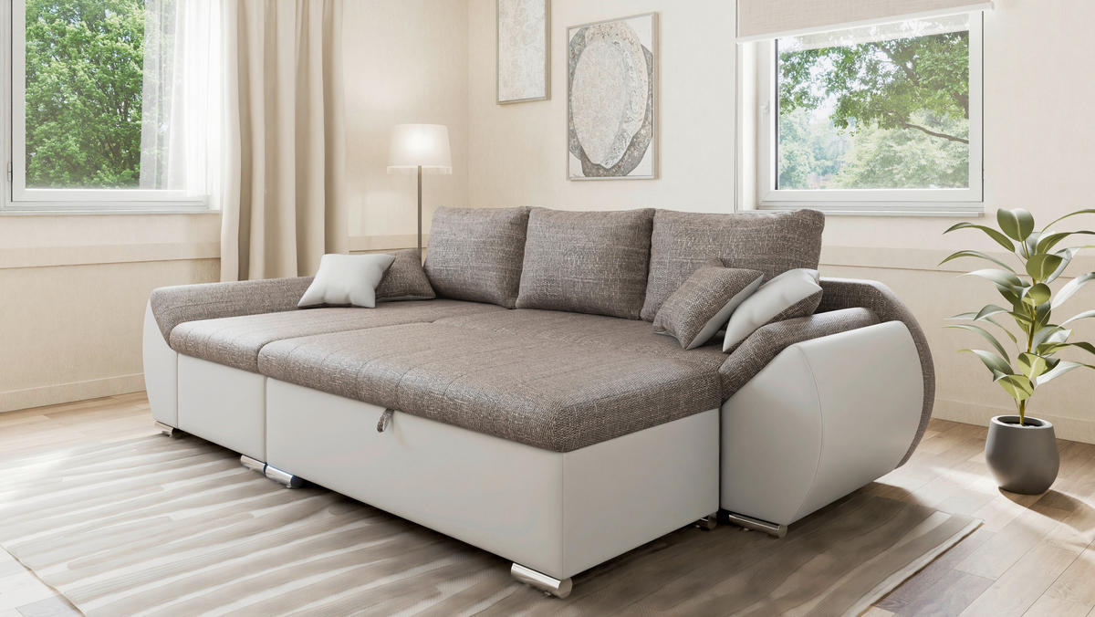 ECKSOFA  AURO Braun, Weiß  - Silberfarben/Braun, Design, Kunststoff/Textil (275/155cm) - MID.YOU