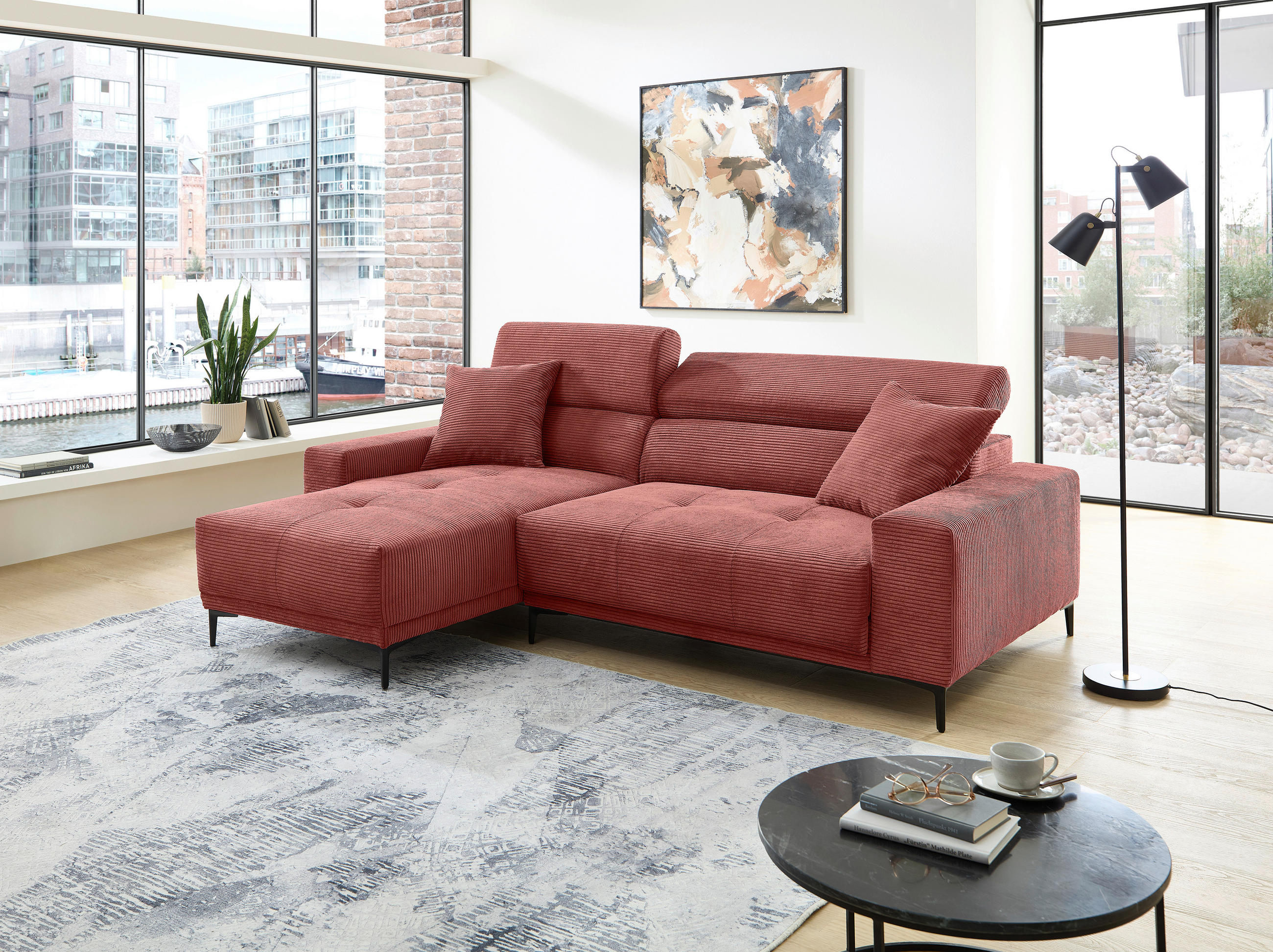 ECKSOFA Cord Koralle  - Koralle/Schwarz, Basics, Textil/Metall (183/250cm) - Livetastic