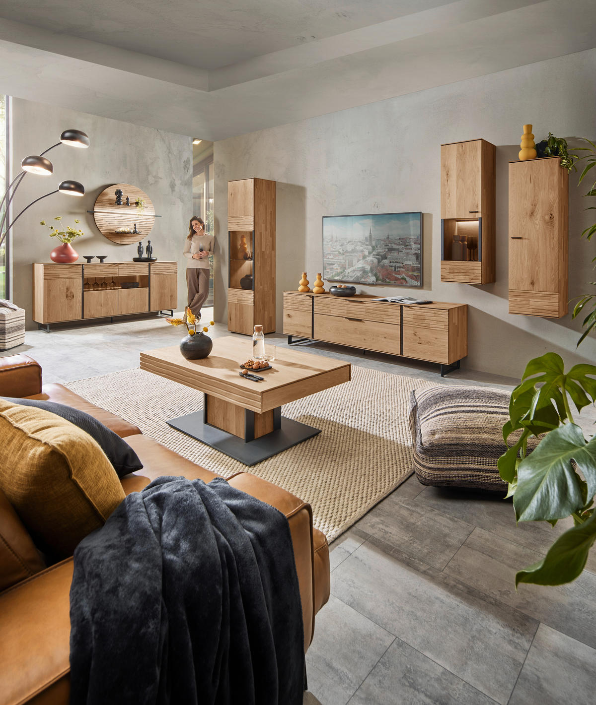 WOHNWAND  in Eichefarben  288/212/44 cm  - Eichefarben/Anthrazit, Natur, Glas/Holz (288/212/44cm) - Valnatura