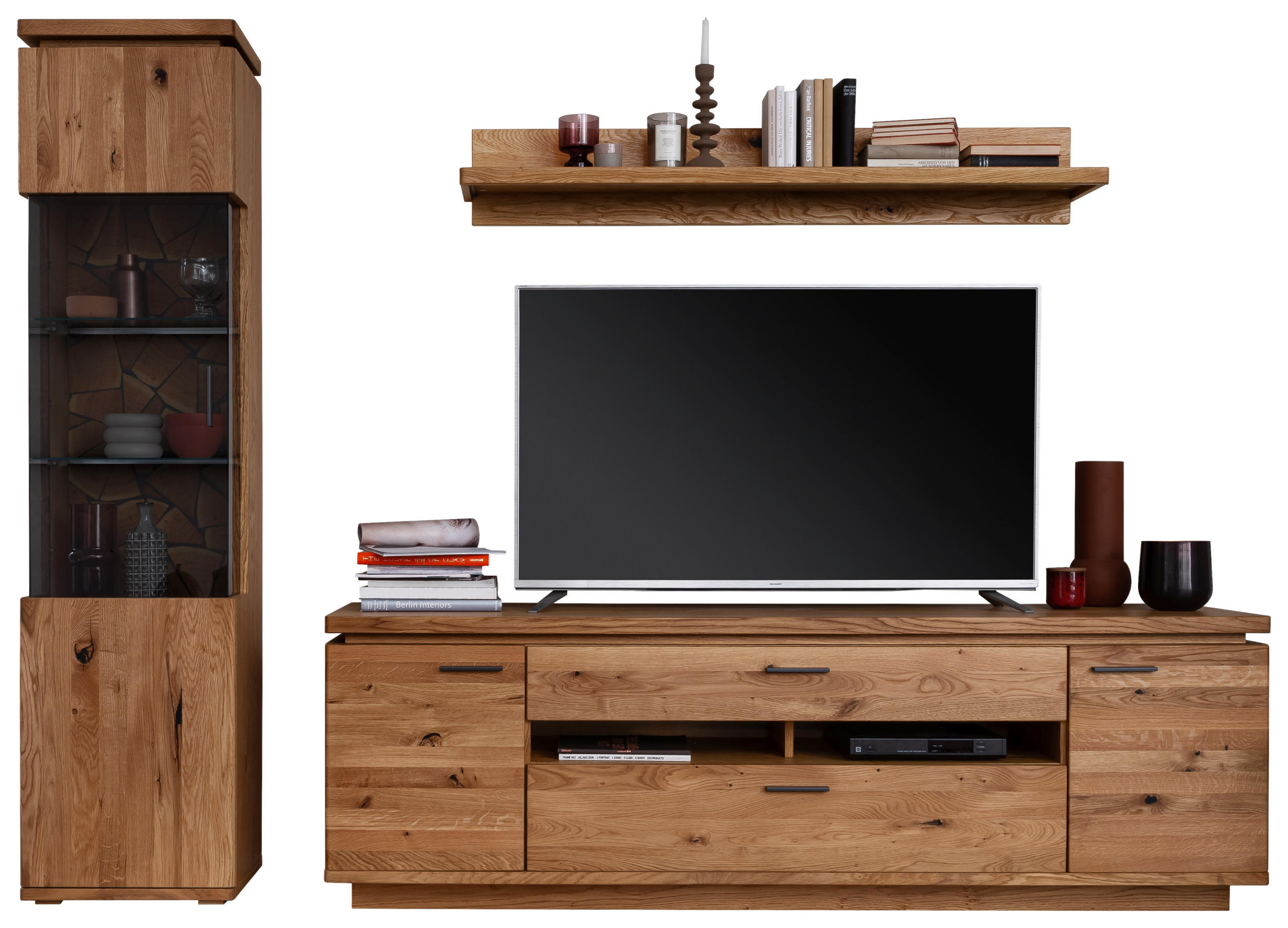 WOHNWAND 3-teilig  Eichefarben 275/204/50 cm  LED-Leuchtmittel   - Eichefarben/Schwarz, Natur, Glas/Holz (275/204/50cm) - Linea Natura