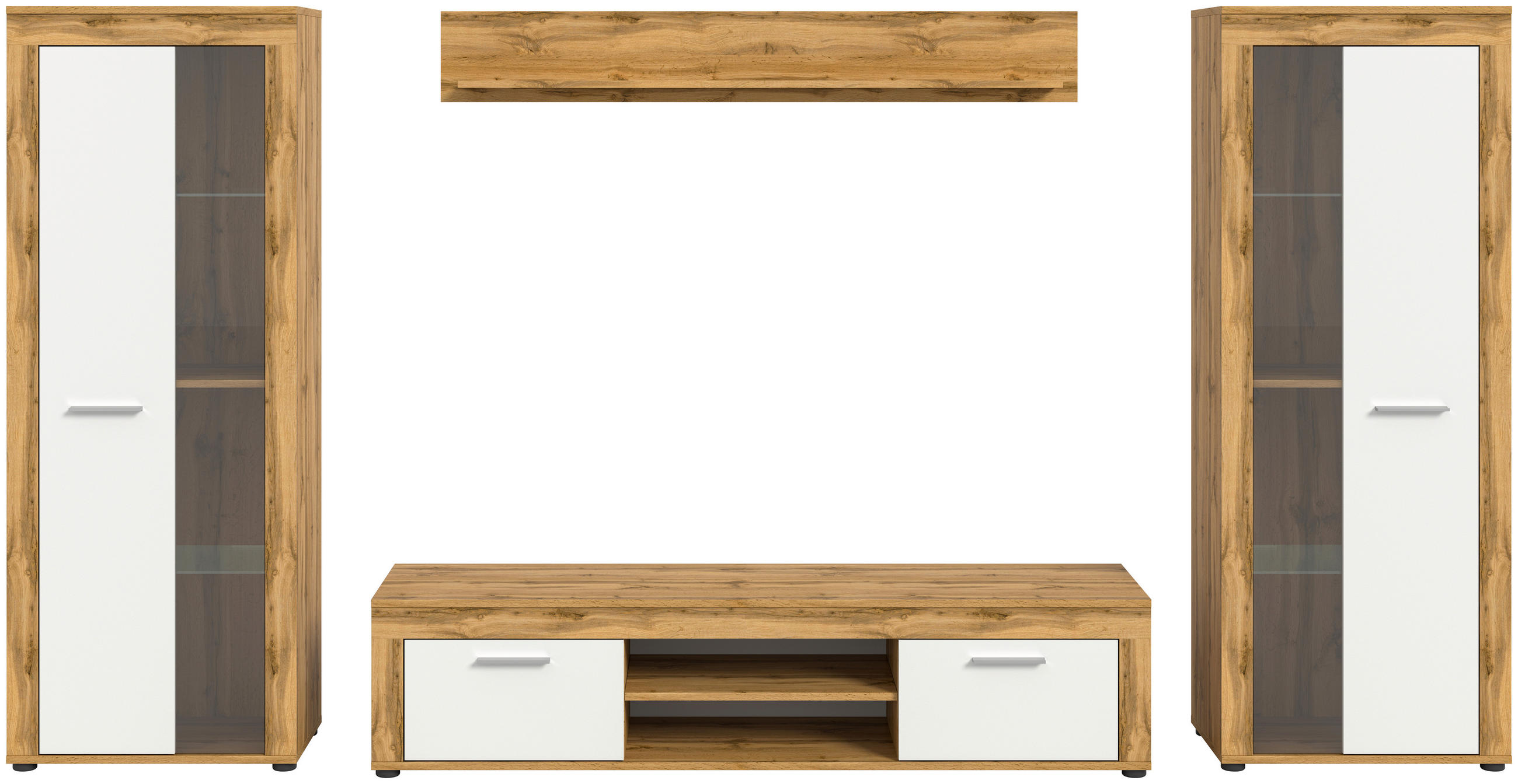 WOHNWAND 4-teilig  in Eiche Wotan  310/159/35 cm  - Silberfarben/Eiche Wotan, Design, Glas/Holzwerkstoff (310/159/35cm) - MID.YOU