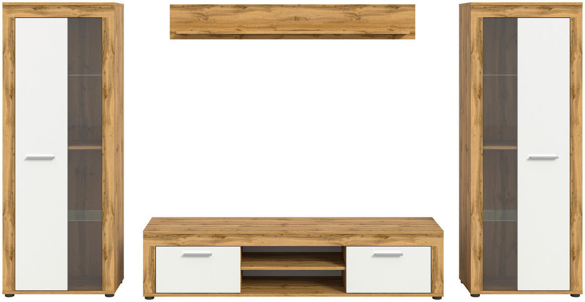 WOHNWAND 4-teilig  in Eiche Wotan  310/159/35 cm  - Silberfarben/Eiche Wotan, Design, Glas/Holzwerkstoff (310/159/35cm) - MID.YOU