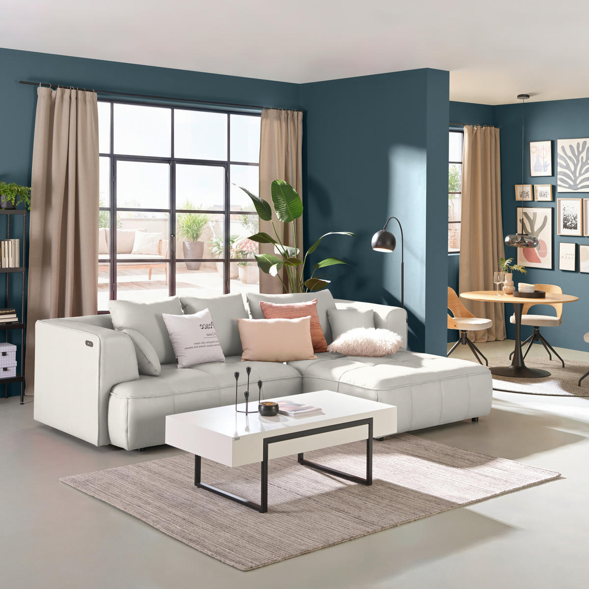 ECKSOFA Feincord Creme  - Creme/Schwarz, Design, Kunststoff/Textil (288/188cm) - Welnova