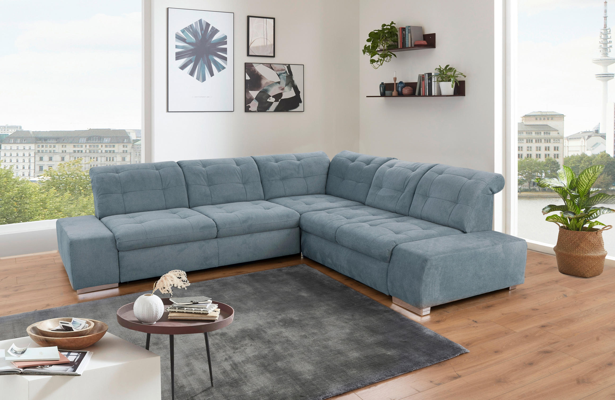 ECKSOFA in Flachgewebe Graublau  283/254 cm  - Chromfarben/Graublau, MODERN, Kunststoff/Textil (283/254cm) - Sit & More