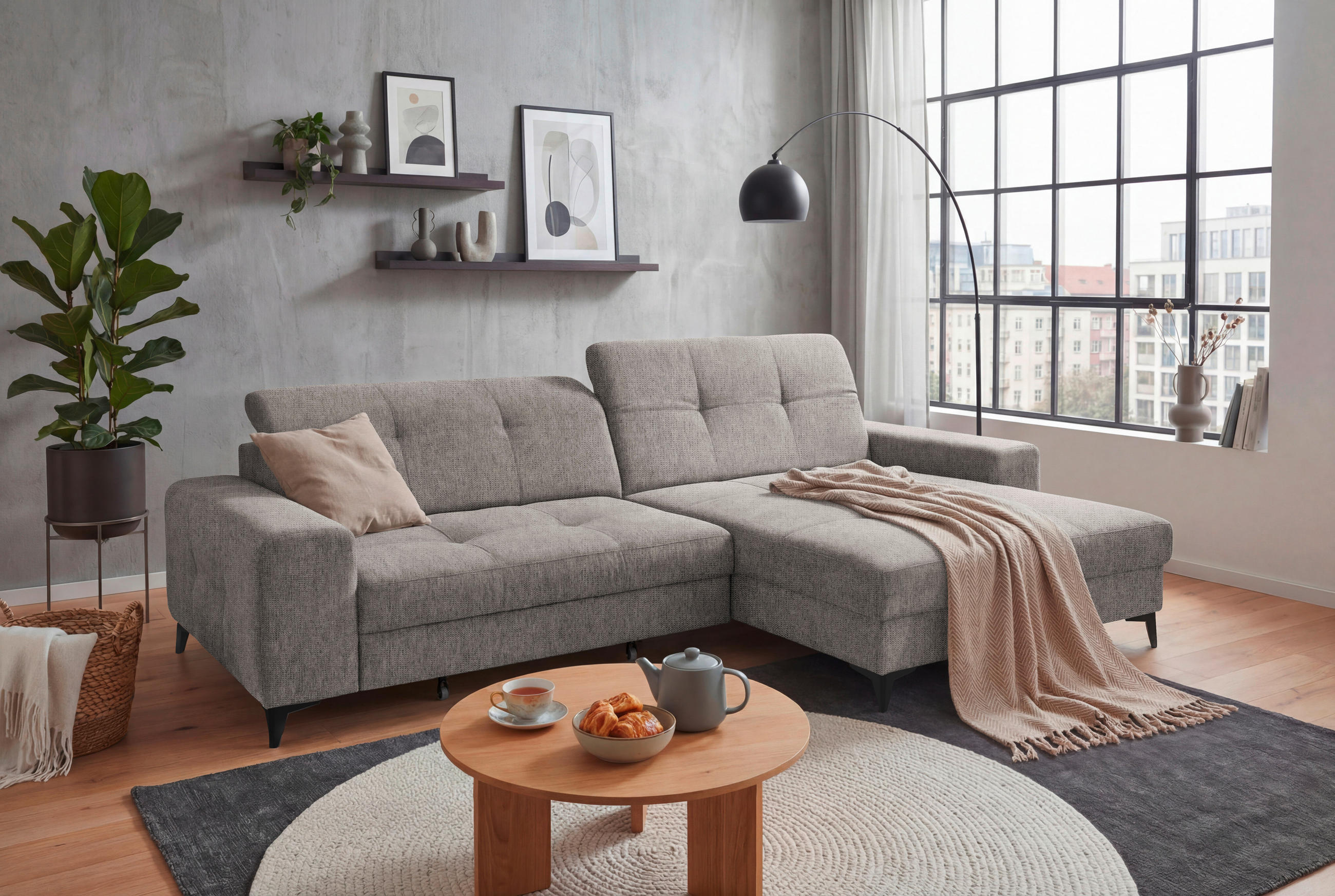 ECKSOFA SORELLA Taupe Mikrovelours Kopfteilverstellung, Sitztiefenverstellung  - Taupe/Schwarz, Design, Kunststoff/Textil (328/182cm) - MID.YOU