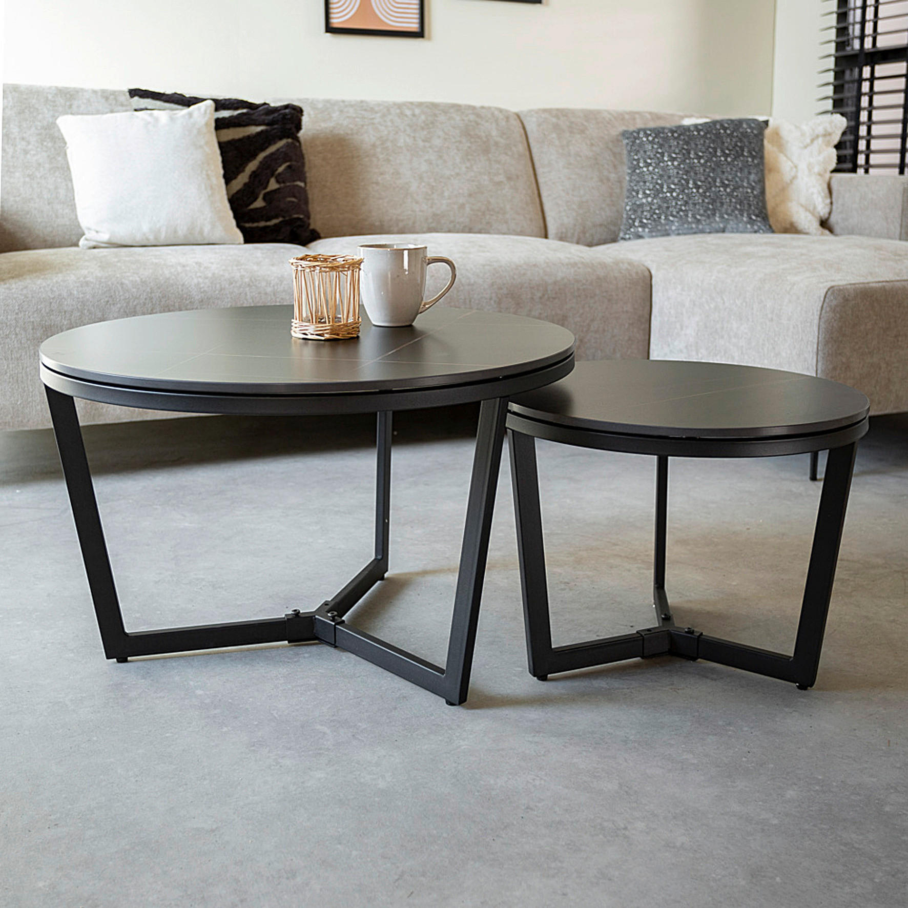 COUCHTISCH in Metall, Stein 68,5/68,5/43 cm  - Schwarz, KONVENTIONELL, Stein/Metall (68,5/68,5/43cm) - MID.YOU