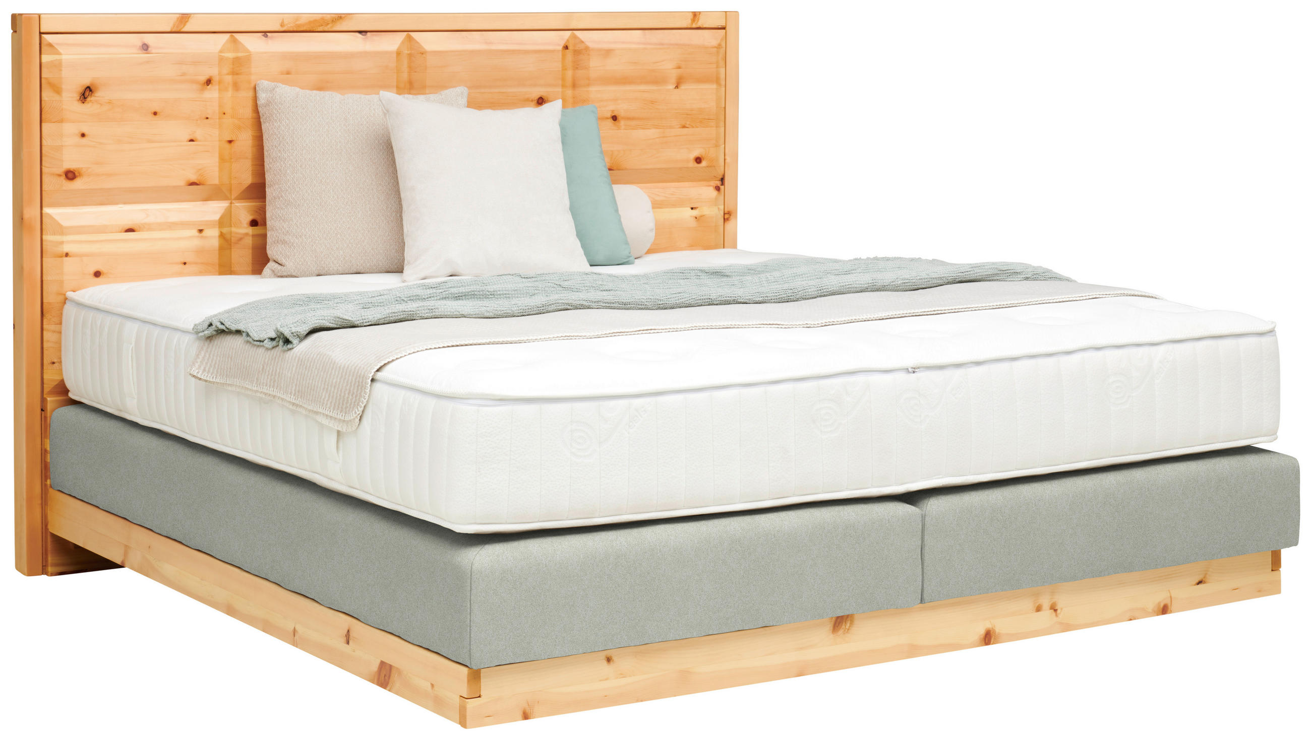 BOXSPRINGBETT 160/200 cm,  in Zirbelkieferfarben, Hellgrau, Matratze, Topper, H4 + H4 = sehr fest  - Zirbelkieferfarben/Hellgrau, Natur, Holz/Textil (160/200cm) - Valnatura
