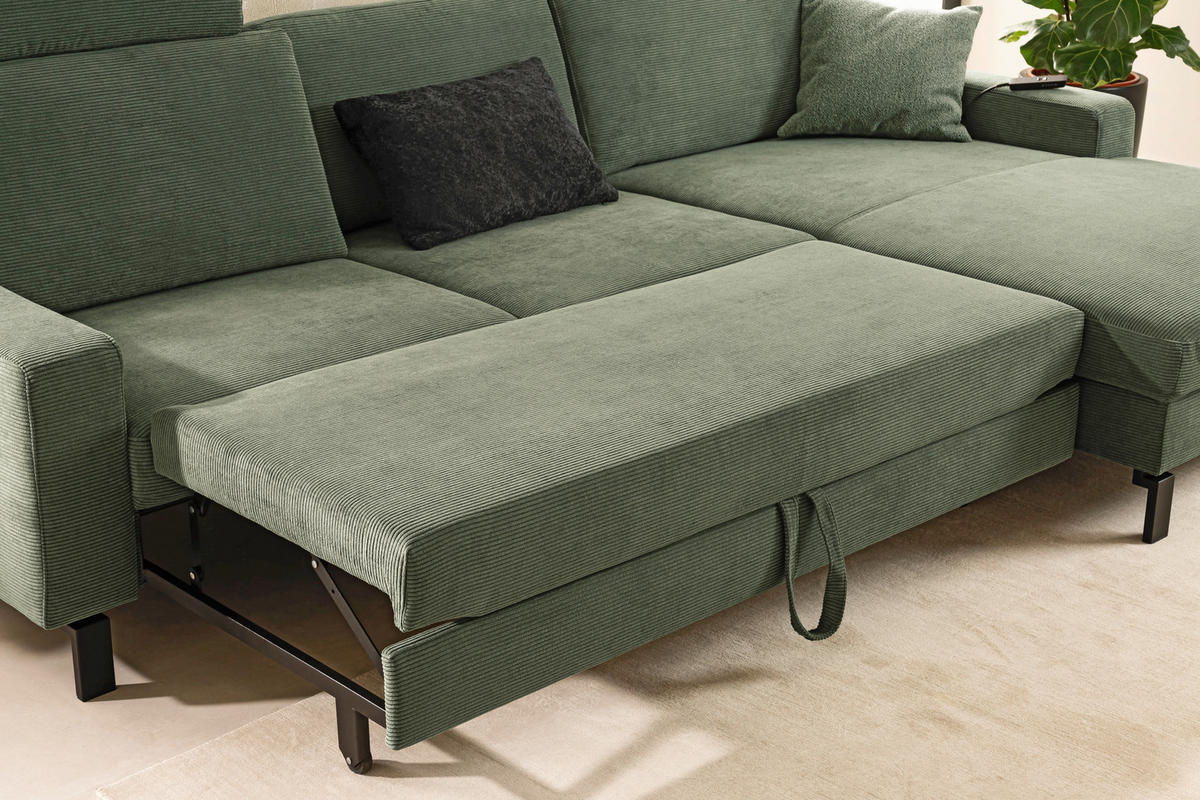 ECKSOFA  in Cord Olivgrün Rücken echt, Sitztiefenverstellung  185/298 cm  - Schwarz/Olivgrün, Design, Textil/Metall (185/298cm) - Pure Home Lifestyle
