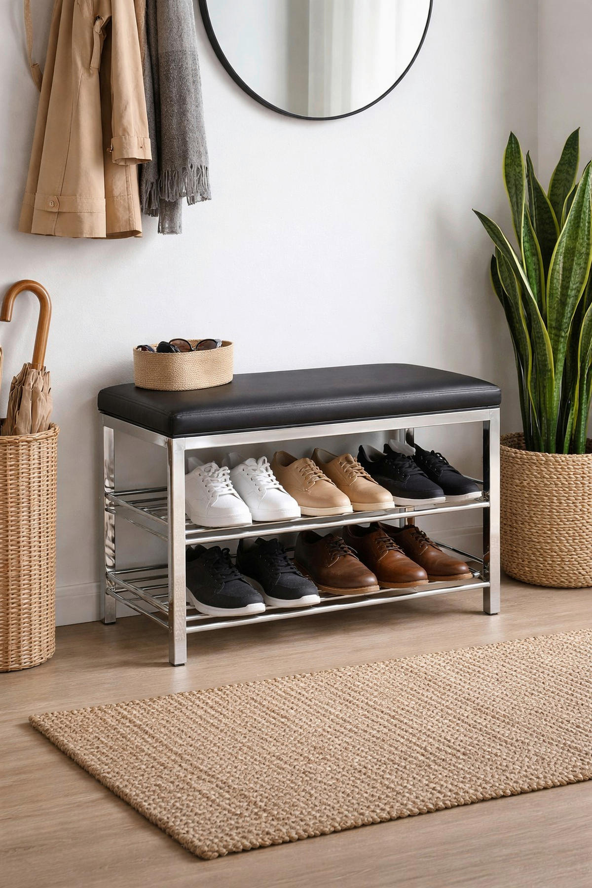 SCHUHBANK  in 57/50/30 cm  - Chromfarben/Schwarz, Design, Textil/Metall (57/50/30cm) - MID.YOU