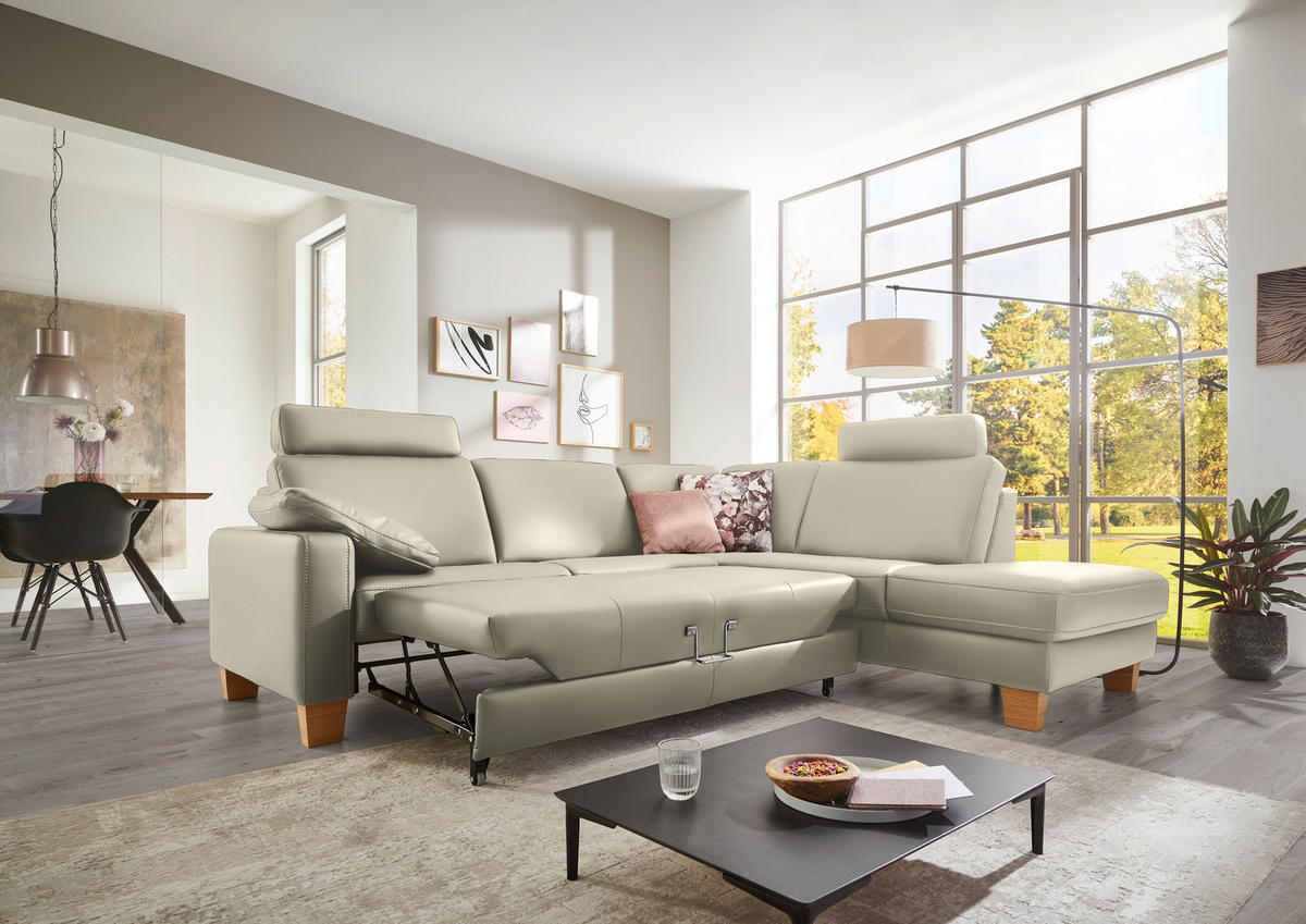 ECKSOFA in Echtleder Ecru  - Ecru/Eiche Bianco, Konventionell, Leder/Holz (257/235cm) - Valdera