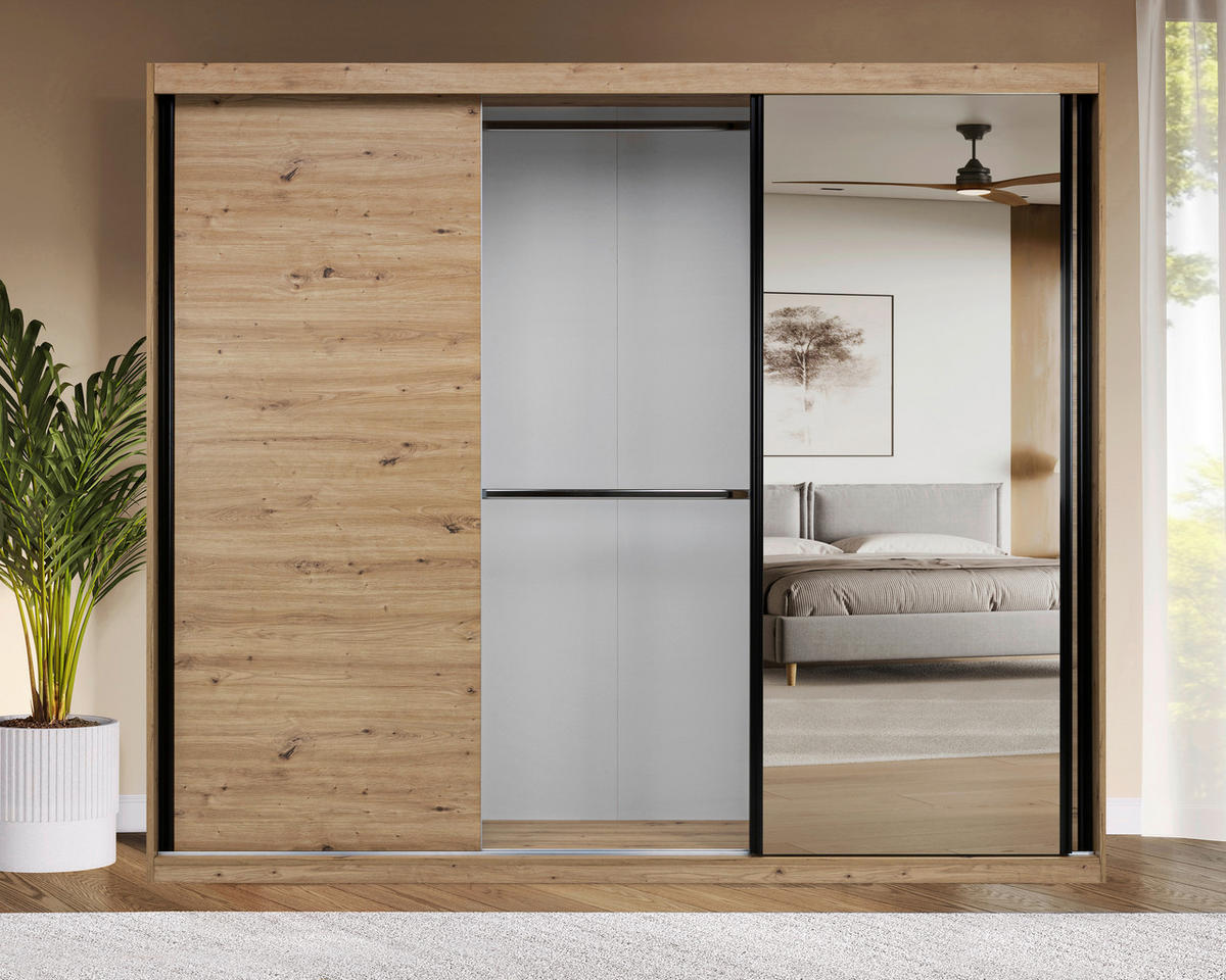 SCHIEBETÜRENSCHRANK 250/215/59,5 cm 3-türig  - Schwarz/Weiß, MODERN, Holzwerkstoff/Metall (250/215/59,5cm) - MID.YOU