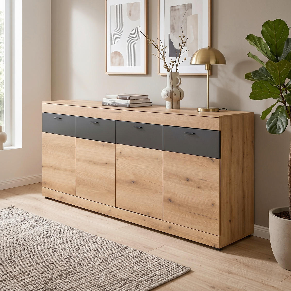 SIDEBOARD  200/87/42 cm 2 Schublade(n)  - Eichefarben/Schwarz, Design, Holzwerkstoff/Kunststoff (200/87/42cm) - MID.YOU