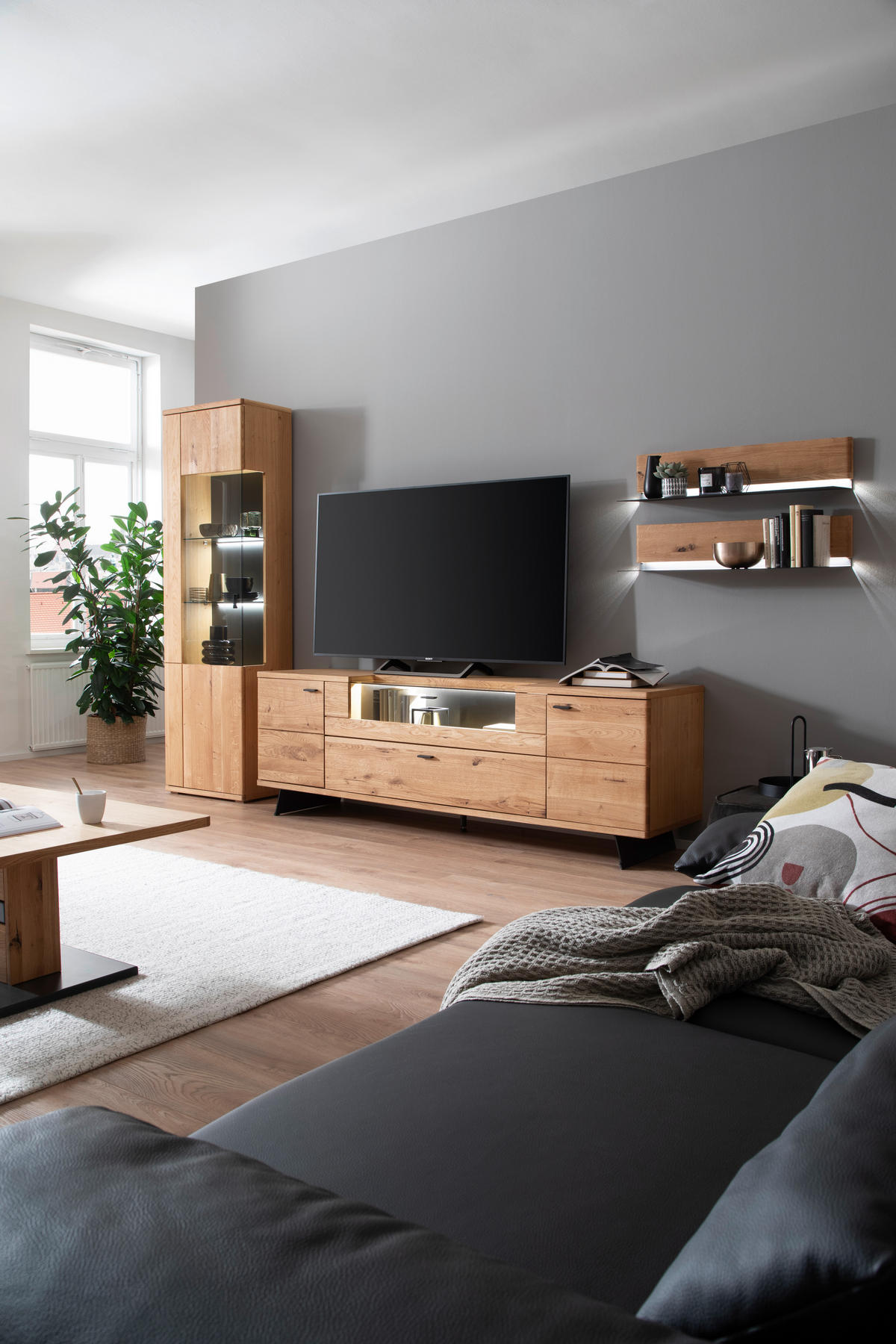 WOHNWAND 3-teilig  in Wildeiche 340/209/50 cm  - Wildeiche/Anthrazit, Natur, Glas/Holz (340/209/50cm) - Linea Natura