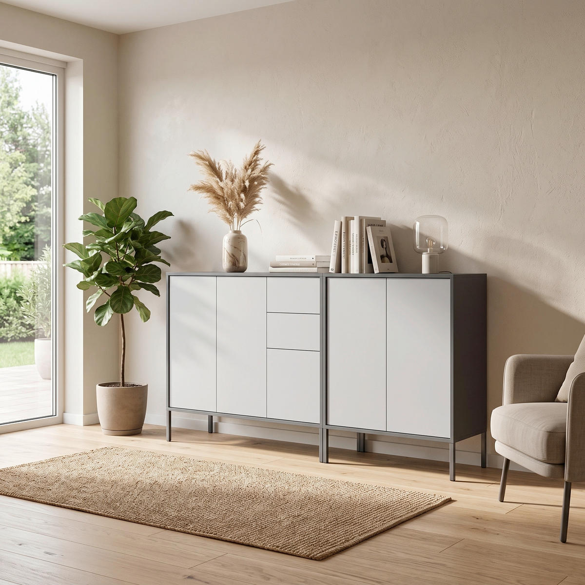 SIDEBOARD  184,5/86/33 cm 2 Schublade(n)  - Anthrazit/Weiß, MODERN, Holzwerkstoff/Metall (184,5/86/33cm) - MID.YOU