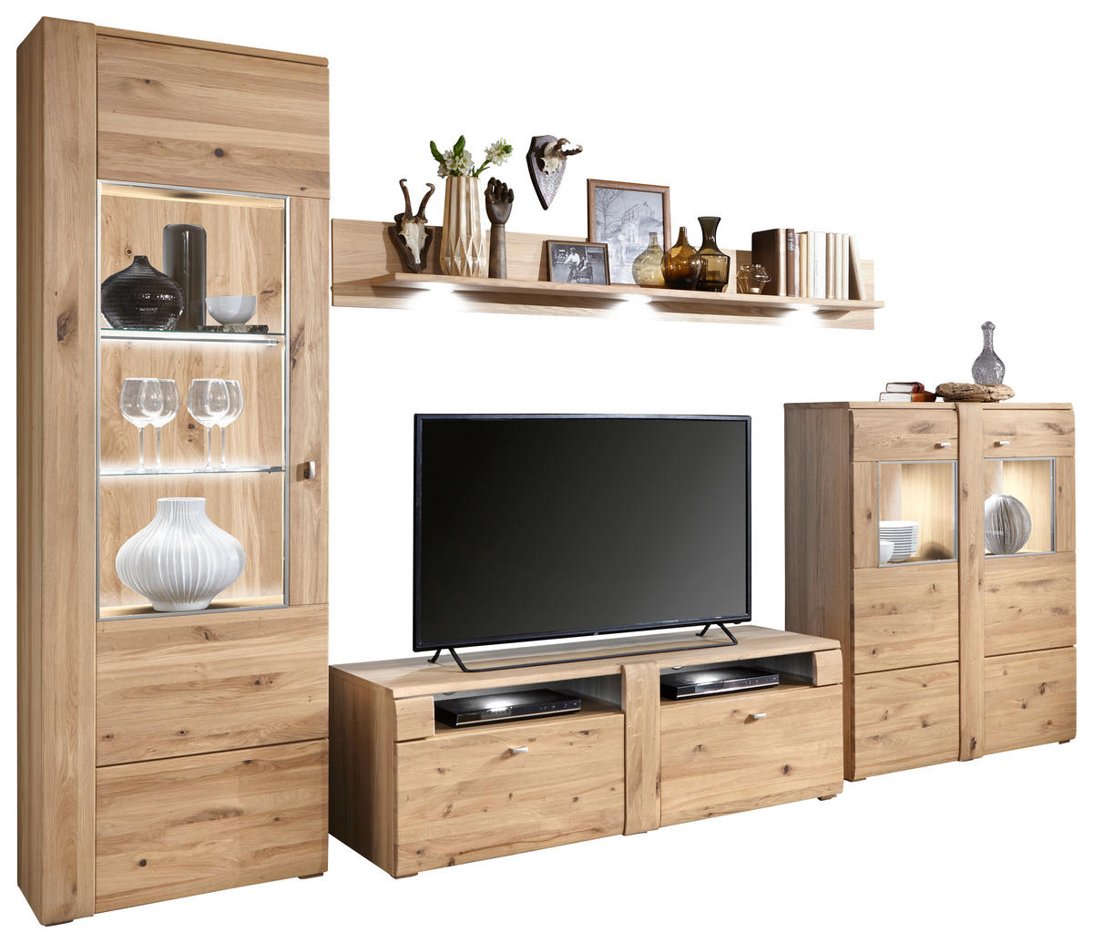 WOHNWAND Colorado  in Eichefarben, Schieferfarben  328/205/51 cm  - Schieferfarben/Eichefarben, KONVENTIONELL, Glas/Holz (328/205/51cm) - Voleo