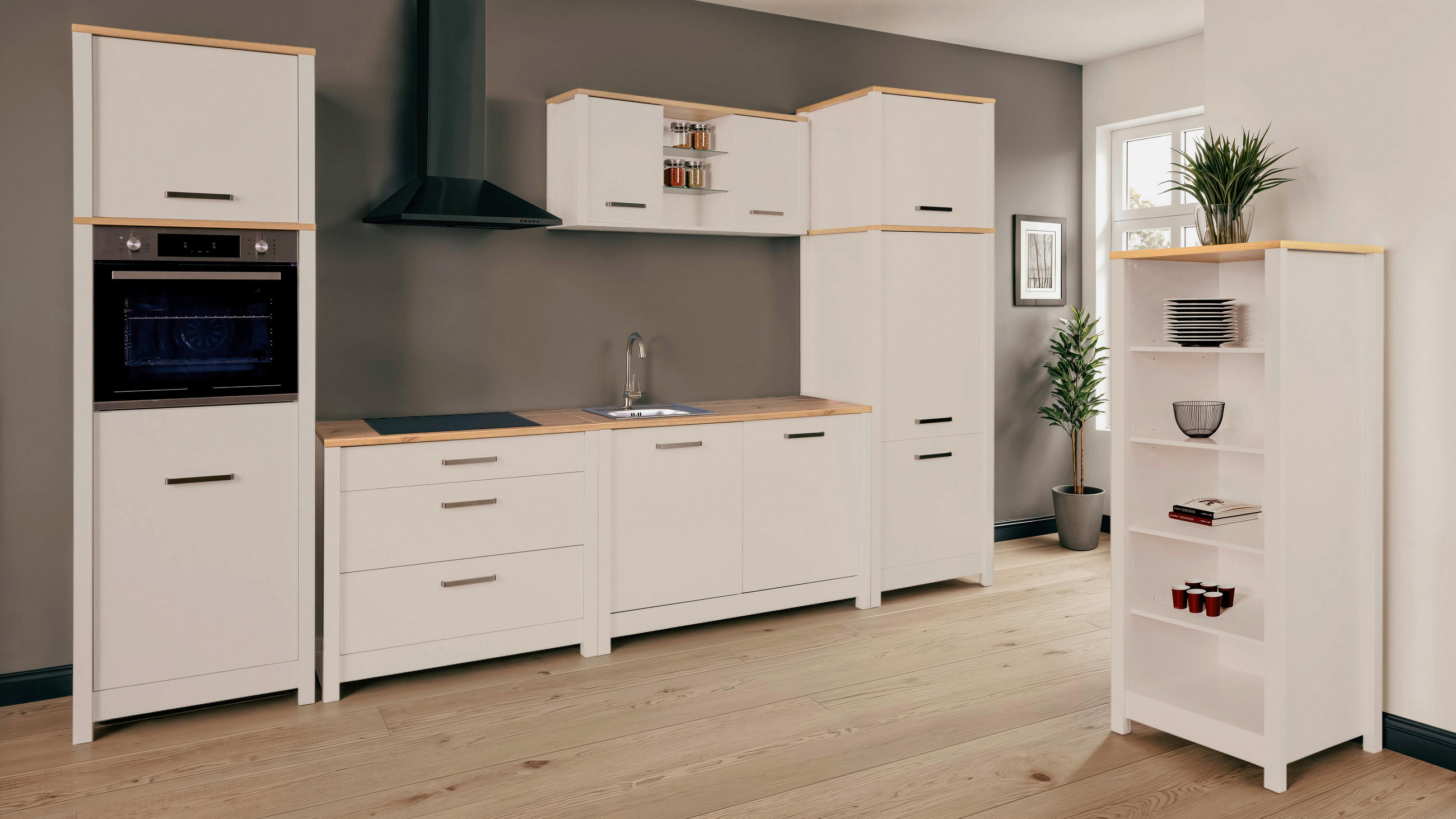 KÜCHENLEERBLOCK   in Kaschmir, Eiche Artisan  - Kaschmir/Silberfarben, MODERN, Glas/Holzwerkstoff (430cm) - home24