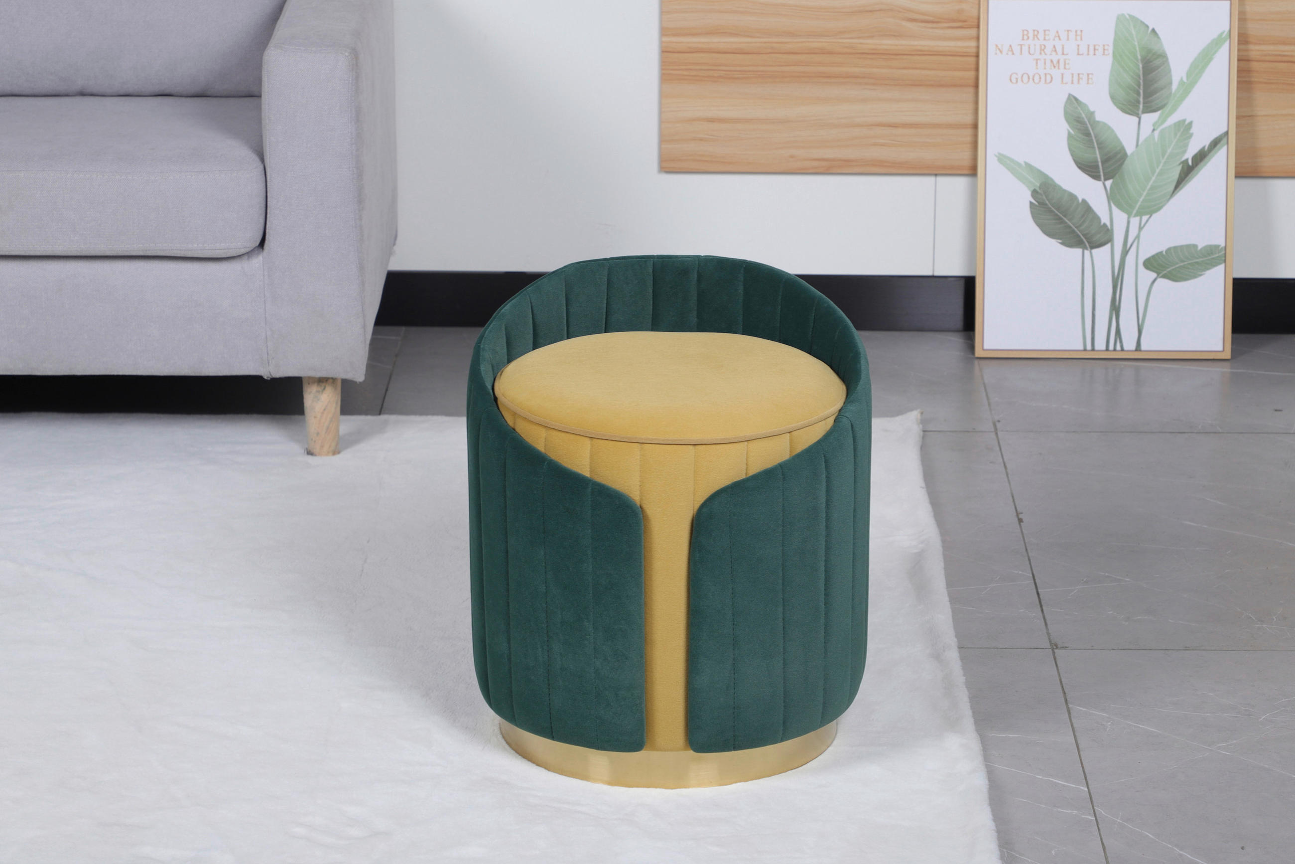 HOCKER Struktur Grün, Currygelb  - Currygelb/Goldfarben, Design, Textil/Metall (40/45cm) - Kayoom