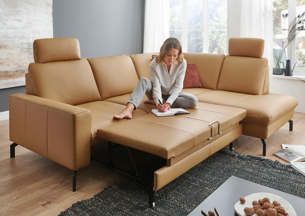 ECKSOFA in Echtleder Currygelb  - Currygelb/Schwarz, Design, Leder/Metall (194/250cm) - Beldomo Premium